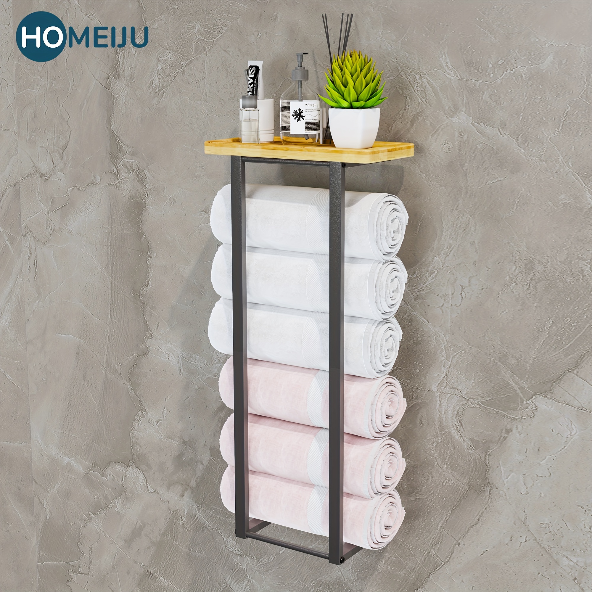 

Homeiju Upgraded Bathroom Towel Rack With Plank, Wall Mounted Towel Rack For Rolled Towels