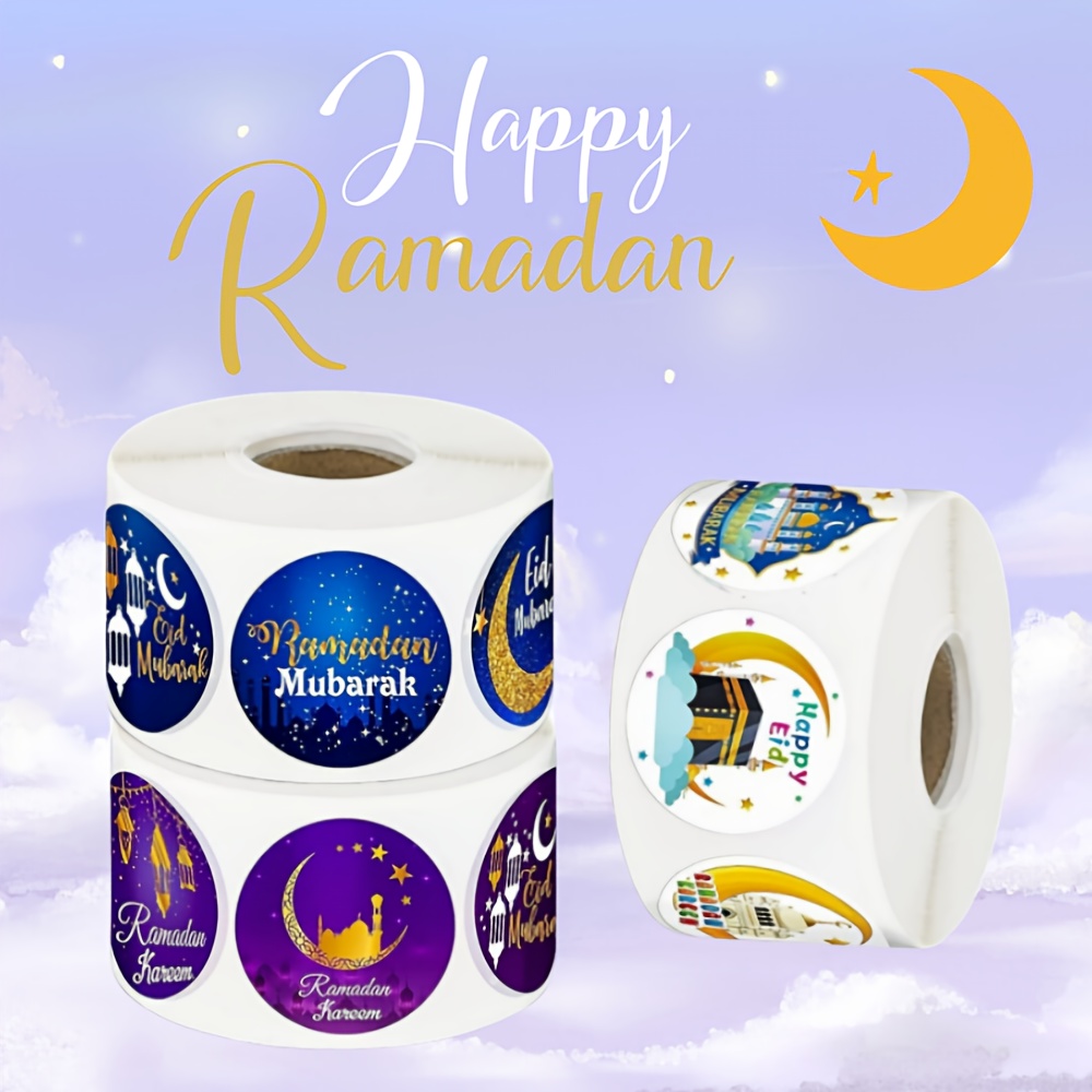 

Rouleau de 500 Autocollants Ramadan - Étiquettes de Festives Eid avec de Mosquée, Lanterne & Étoile pour Emballage de Cadeaux, Emballage & Décoration de