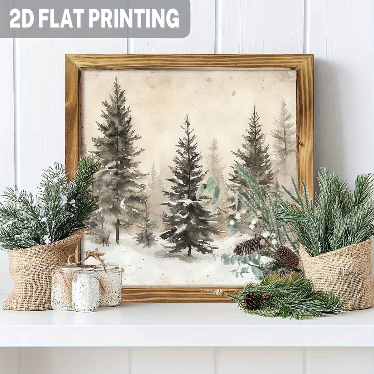 TEMU 2d Flat, 1pc Rustic Wood Frame Wall Art - Large 8x8 Inch Wood Grain Frame, -gray-beige Brown Tones - Cedar Trees With Sparkle - Christmas Decor,