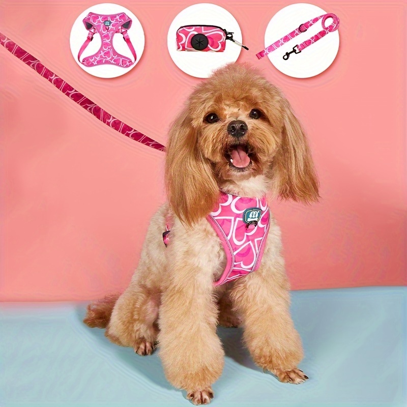 

3pcs/set Adjustable Dog Harness And Leash Set, Valentine's Heart Print, Polyester, 4ft Leash, , Outdoor Walking, Pet Poop Bag Holder, No Battery Required