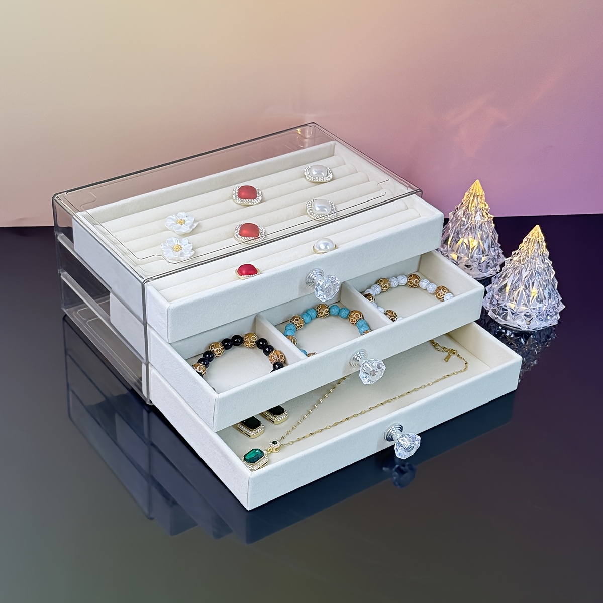 5 tier jewelry organizer box with transparent lids soft fabric lined compartments beige contemporary desktop storage for rings bracelets necklaces durable plastic multi use display case jewelry organizer storage polished   clear lid design jewelry boxes Product details 8