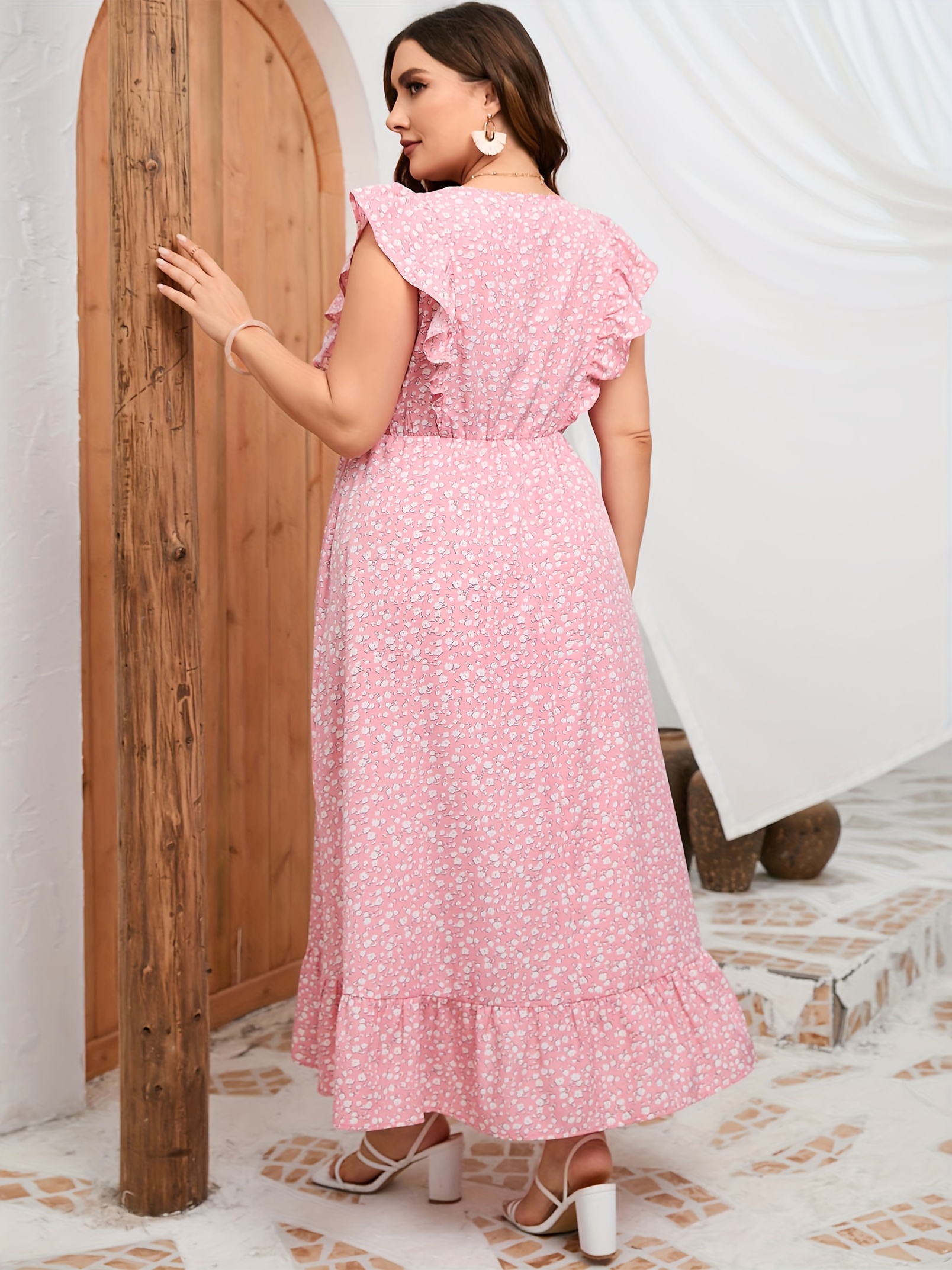plus size floral print maxi dress boho v neck flutter sleeve