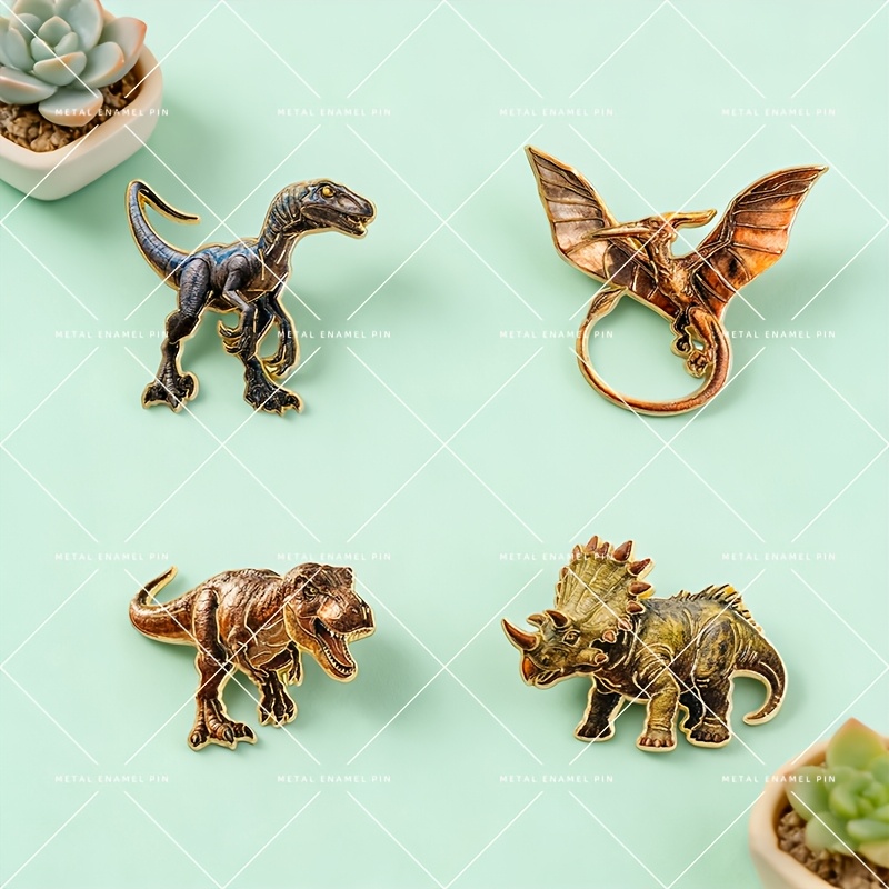 TEMU Ensemble de quatre pin's émaillés dinosaures rétro, broches dinosaures réalistes de haute qualité, accessoires pour sacs en denim, pin' revers,