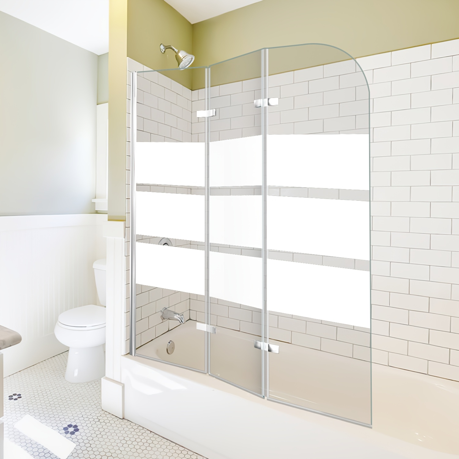 Bath Shower Screen, 120x140cm, Foldable Three-panel Glass Shower Enclosure, 6mm Egs Safety Glass Bath Shower Partition, White Striped/transparent Shower Screen, Bath Additions