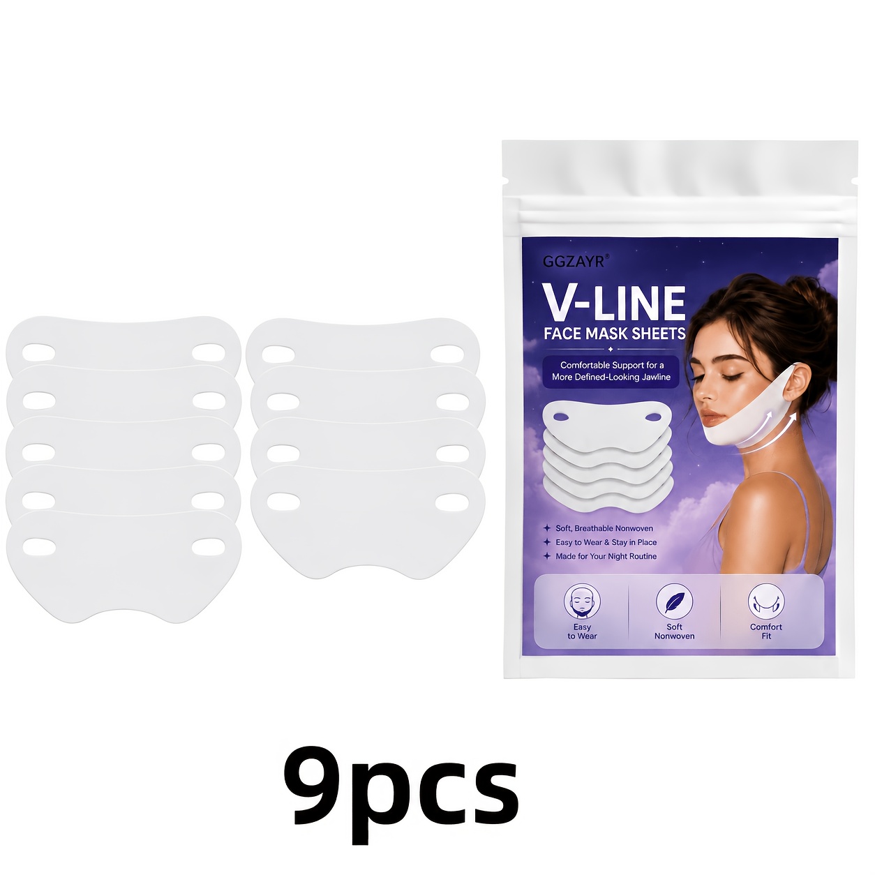 TEMU Lot de 9 masques faciaux en feuilles , bandes de soutien souples et flexibles en non-tissé pour la mâchoire, à l'ajustement confortable pour les
