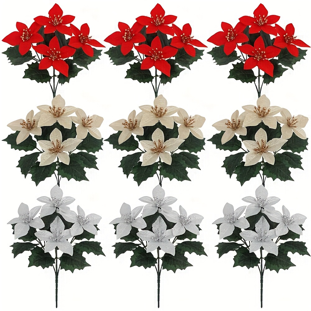 

3-pack Artificial Poinsettia Bouquets, 11'' Bush, Plastic Christmas Flowers For Home Garden Indoor Outdoor Decor, Floor Placement, No Electricity Or Battery Needed, Decoration