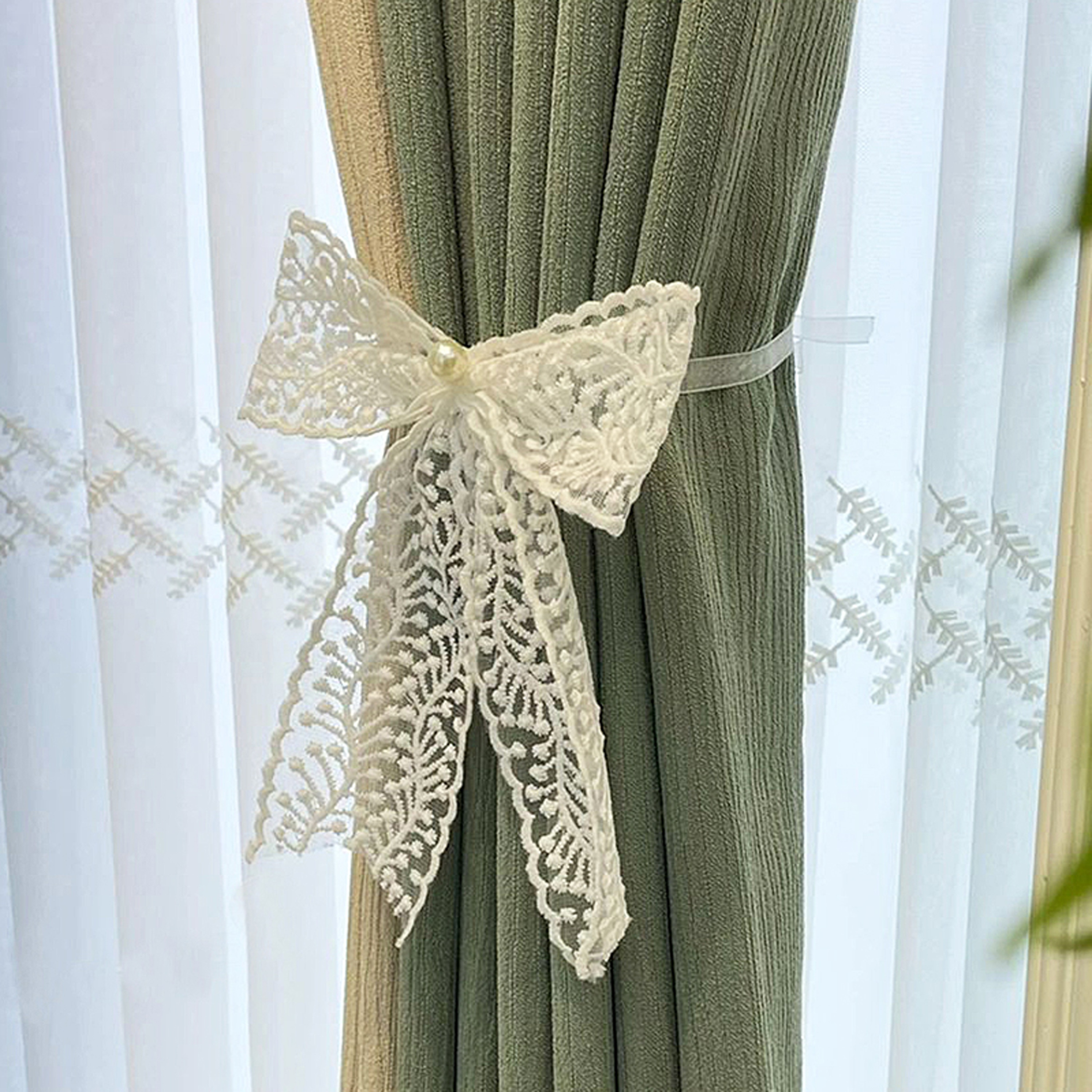 2pcs elegant lace bow curtain tiebacks french style adjustable polyester holders for thick   up drapes   living room bedroom decor details 12