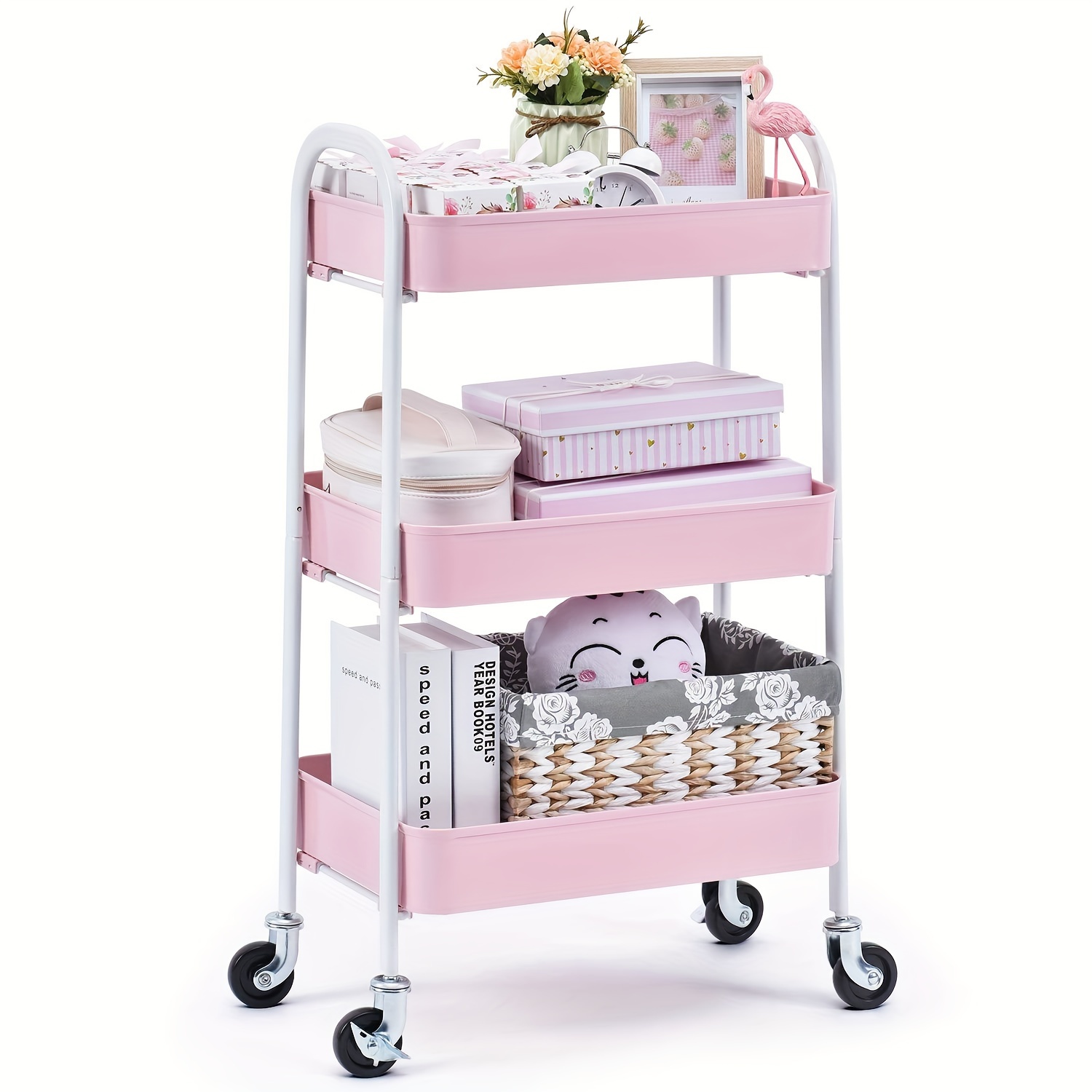 TEMU 3 Tier Rolling Cart, Metal Utility Cart No Screw, Easy Utility Serving Cart, Sturdy Storage Trolley With Handles & Lockable Wheels For Kitchen Garage Home Bedroom Bathroom