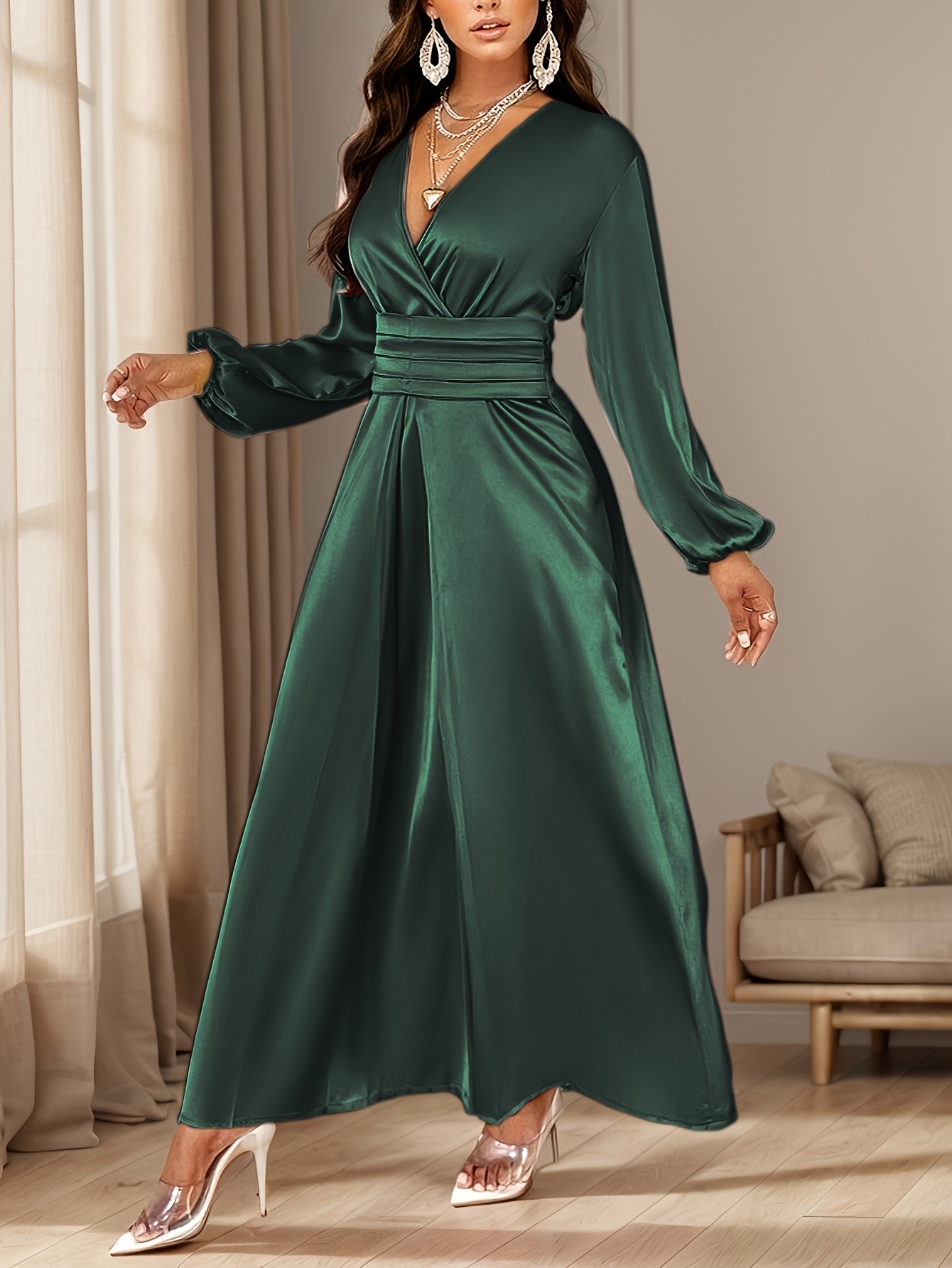 womens solid color satin dress pleated design - Temu Morocco