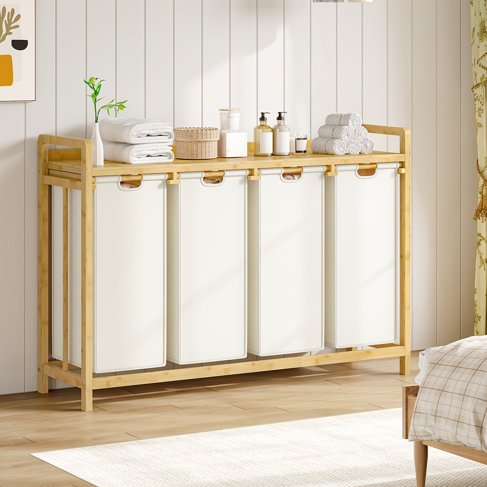 Wooden Color Laundry Cart - Multifunctional 4-panel Non- Fabric Storage Box, Space Design, Convenient Storage For Laundry Cart, Suitable For Living Room, Laundry Room And Foyer, Laundry Baskets