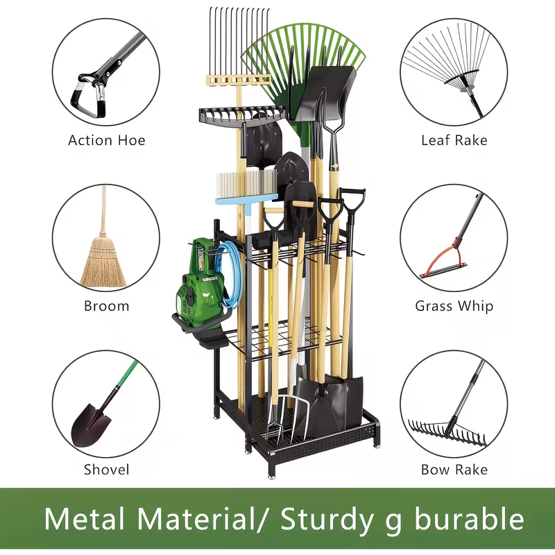 Heavy Duty Metal Storage Rack with Hooks for Long-Handled Tools