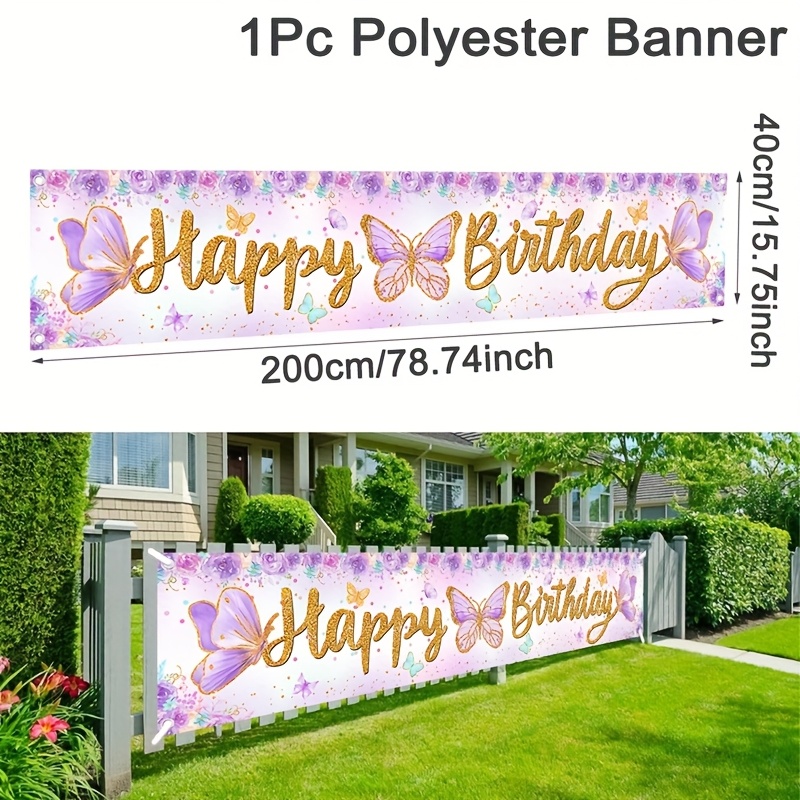 Image of 1pc, Purple Happy Birthday Banner, 40x200cm Durable Polyester Party Backdrop For Indoor/outdoor Birthday Party Decor, Celebration Supplies And Photo Booth Decorations, Bridal Shower And Wedding
