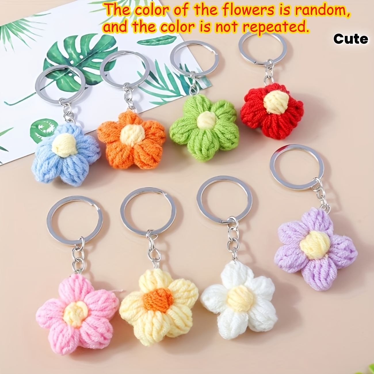 TEMU 6pcs Cute Fashion Hand-knitted Macaron Flower Keychains, Made Of High-quality Yarn, Vibrant Colors, Random Colors, Used For Bag Additions, Key