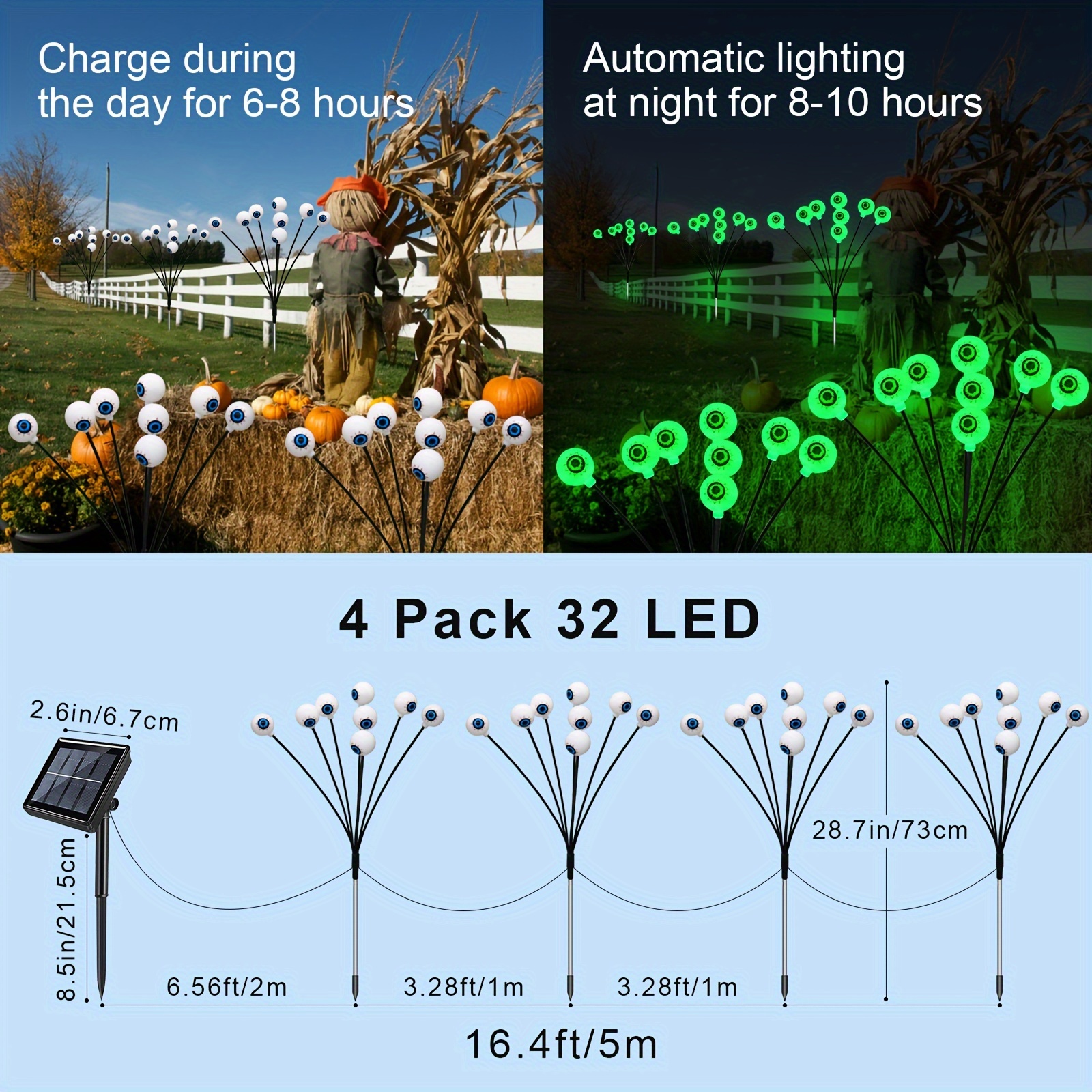 

Guirlande Lumineuse Solaire Œil de Halloween, 4pcs, 32 LED, 8 Clignotants, Étanche, Parfaite pour Décorations d'Halloween & de Pâques, Violet & Vert