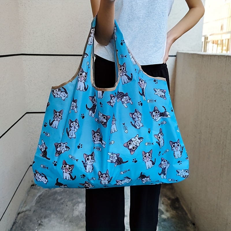 Single-pack Cat-print Shopping Bag, Portable Foldable Tote Bag, Outdoor Travel Grocery Bag, Includes Handle And Inner Pocket