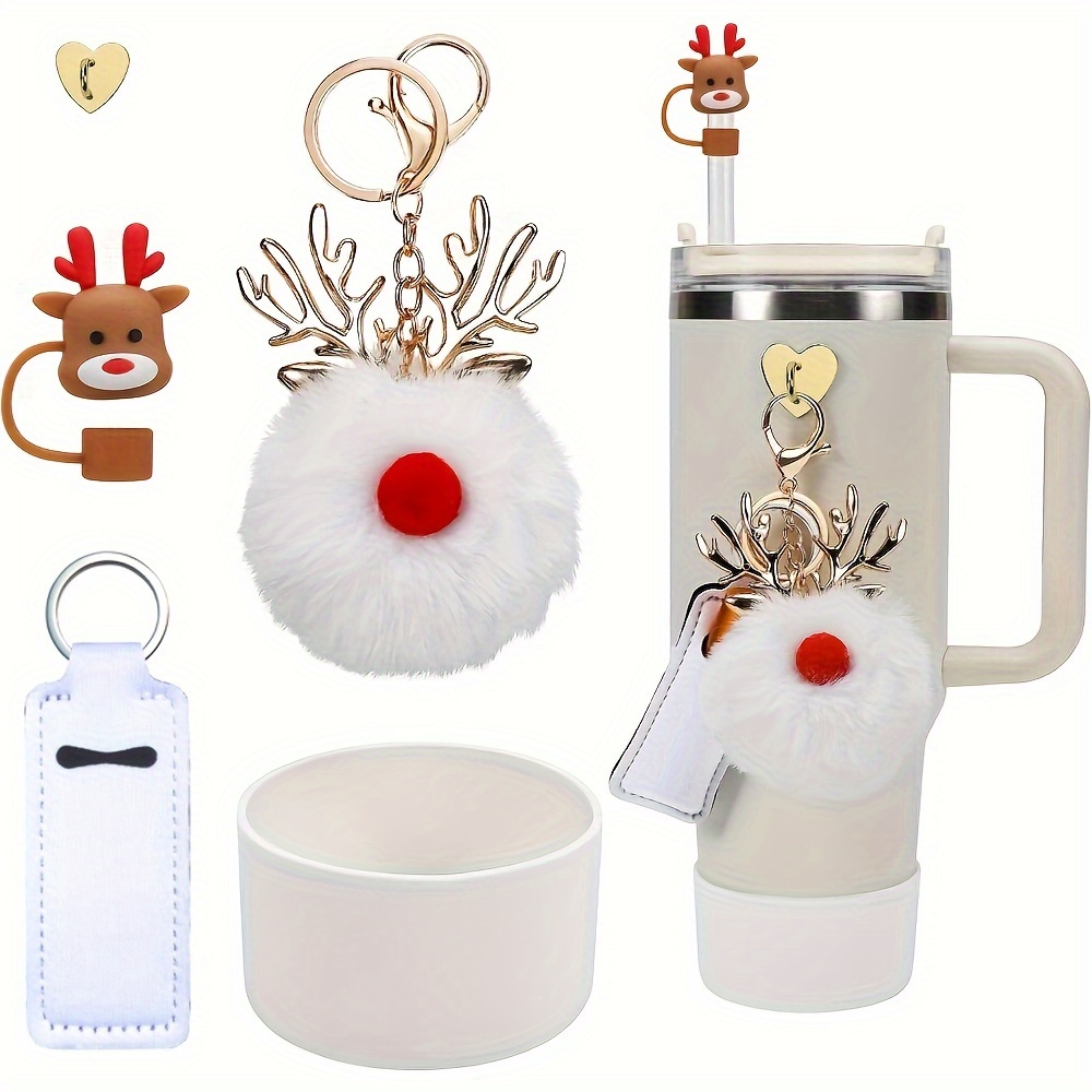 Image of 5pcs Christmas Additions Set For Cup, Christmas Silicone Straw Cover, Silicone Cup Boot, Lipstick Holder, Christmas Charms For Cup 40oz And 30oz Tumbler