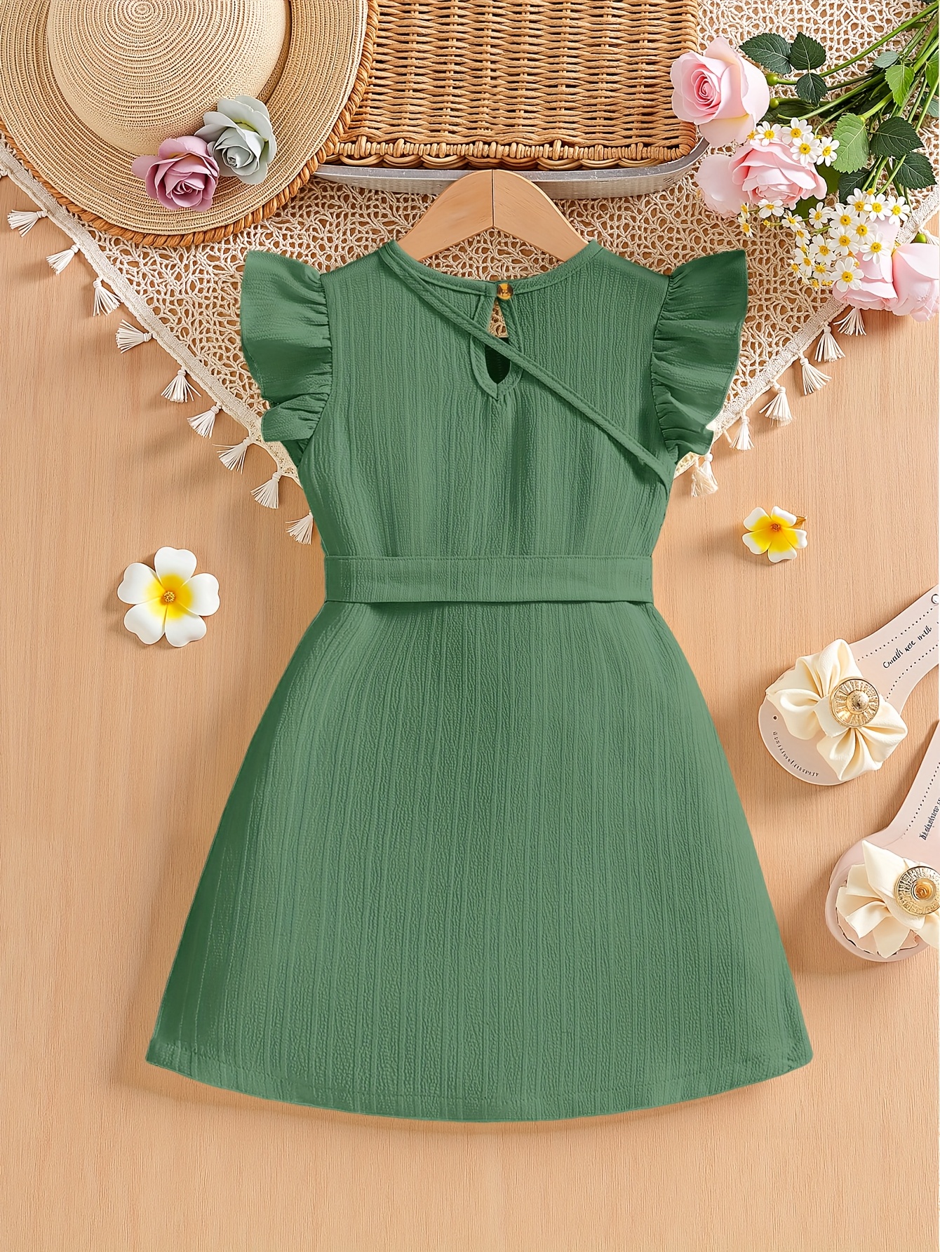 Elegant Green Ruffled Sleeve Dress for Girls with Bow Detail & Button Accents - Crew Neck, Non-Stretch Polyester, Machine Washable - Perfect for Summer Parties & Casual Outings, Girls Long Sleeve Dresses