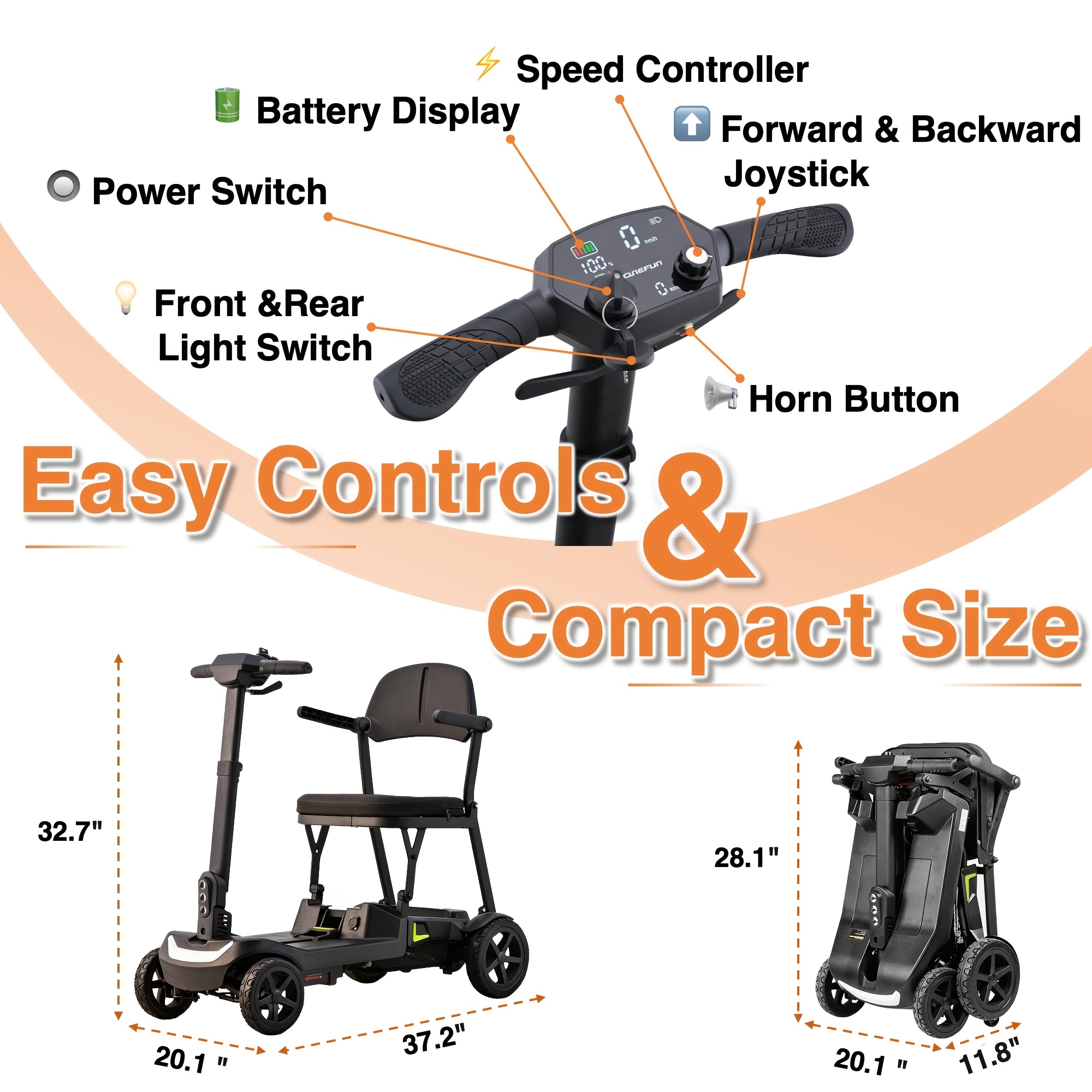 a lightweight, foldable four-wheeled electric mobility scooter suitable for seniors and adults,   with dual removable batteries, meeting air travel  , offering a long range, and a   of 5 mph Product details 2