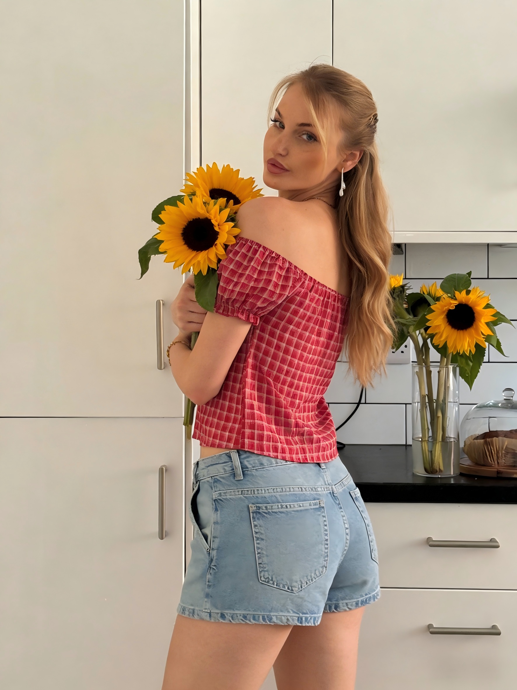 red and white checkered off shoulder top with short puff sleeves     and casual summer outfit details 1