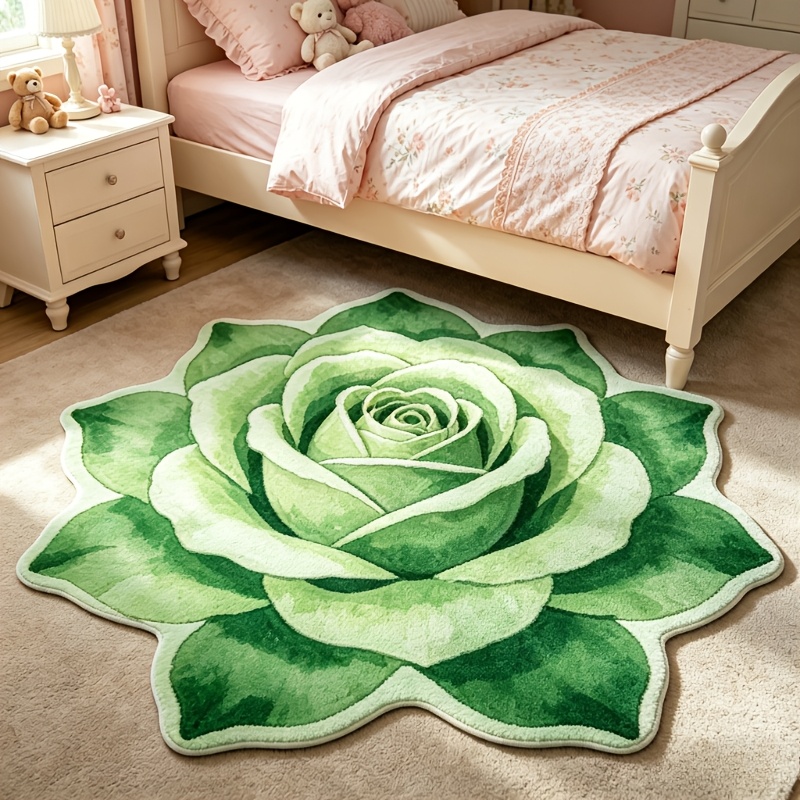 TEMU Luxury Plush Carpet Suitable For Living Room & Bedroom - Pastoral Green Rose Flower Rug With Non-slip Pvc Backing, Irregular Shape Soft Mat,