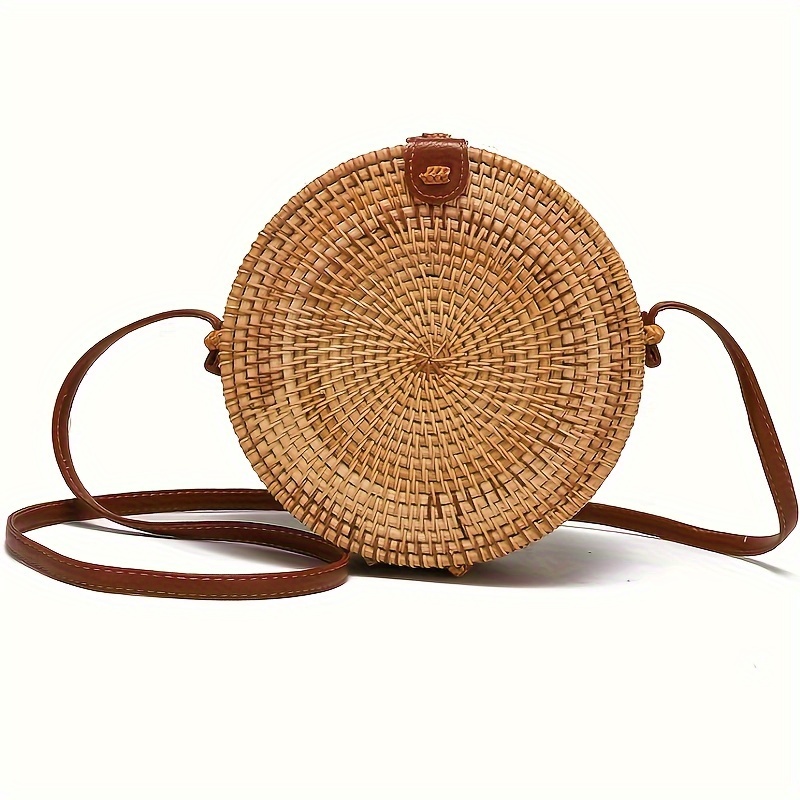 

1pc Portable Rattan Woven Storage Bag, Round Handmade Woven Storage Bag, Retro Style Crossbody Bag With Shoulder Strap, Summer Beach Box Purse For Women