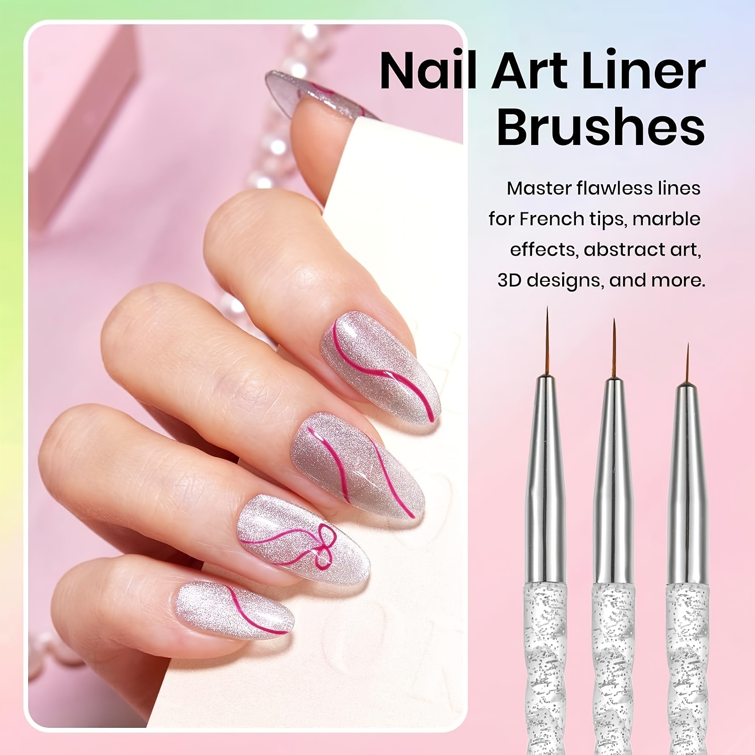 TEMU 3pcs Set Of Clear Textured Rod Nail Art Paint Pens, Professional Nail Drawing Pens, Multi-specifications Fine Detailing Pens, Nail Design Tools,