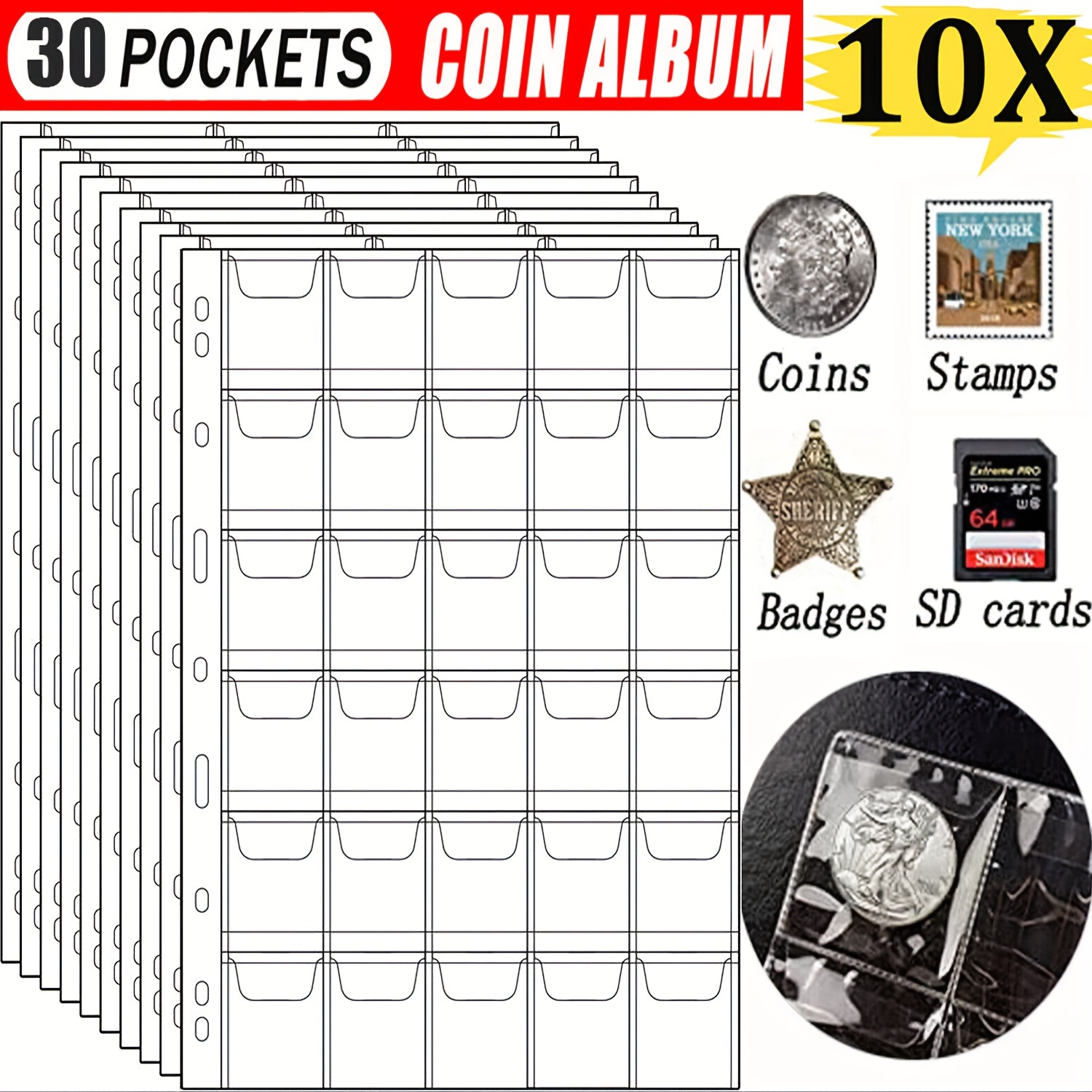 30 Pocket Coin Pages For Collectors 10 Sheets Coins Sleeves Coin ...