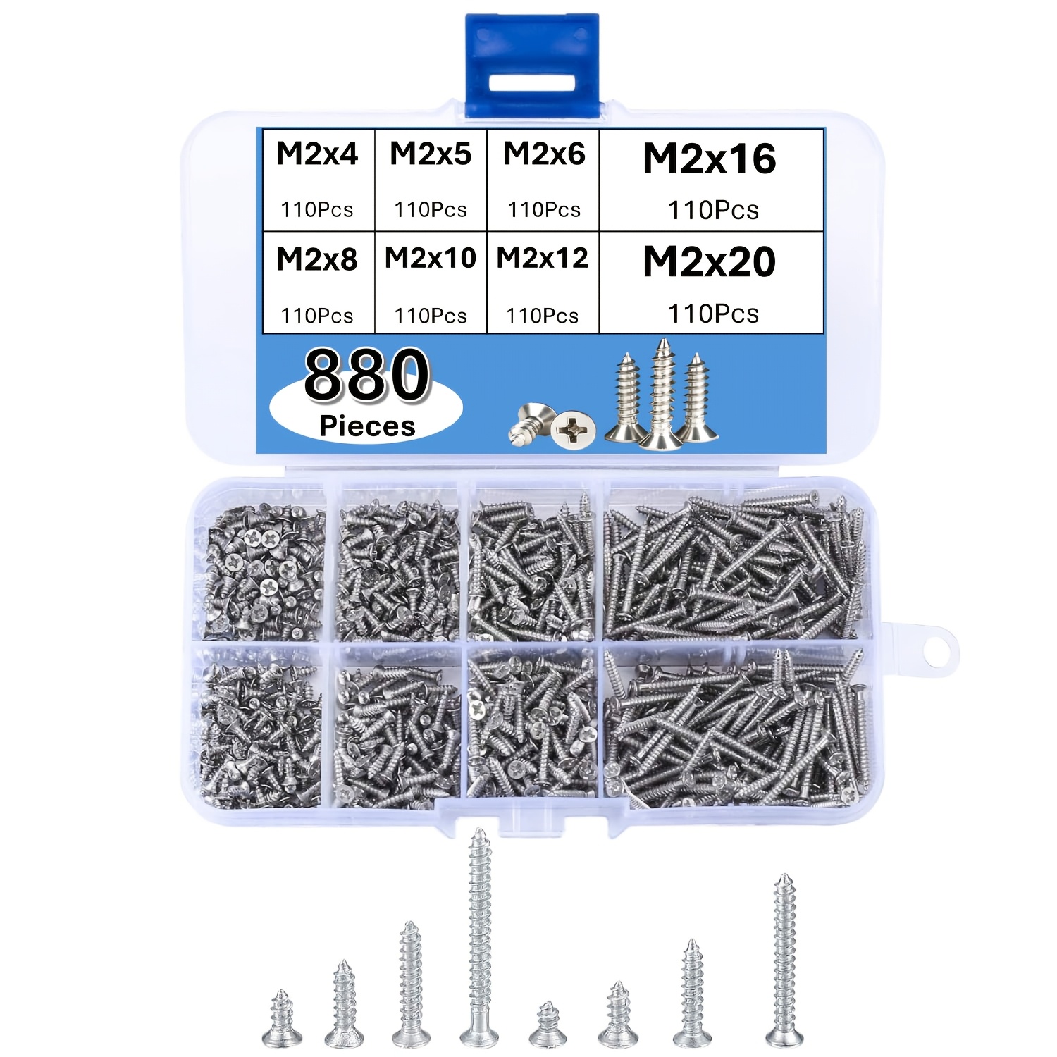 TEMU Kit assortito da 880 viti autofilettanti M2 a testa cilindrica a croce | 8 misure diverse ordinate | Elementi di fissaggio per carichi pesanti