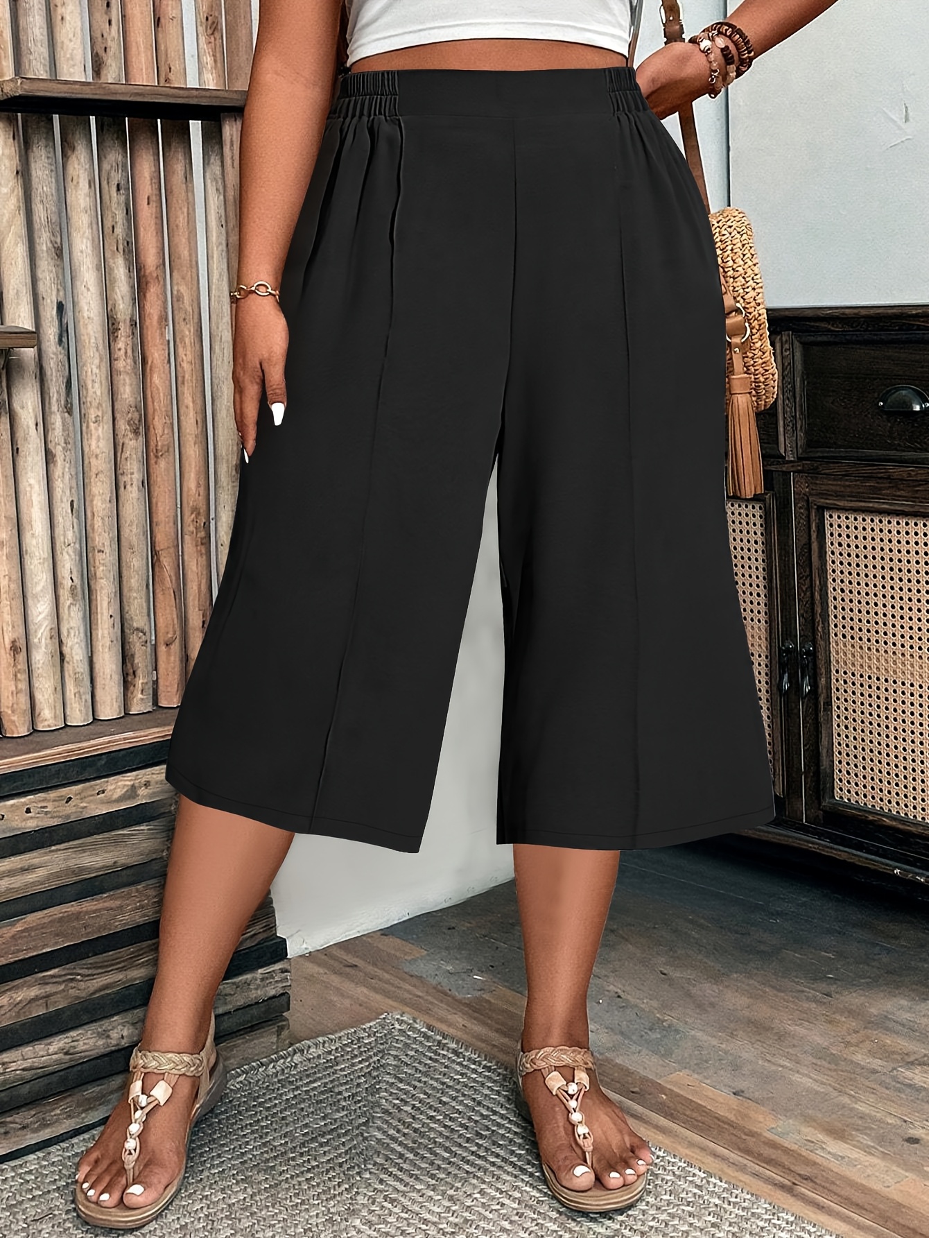 womens plus size elegant straight leg capri pants elastic Temu