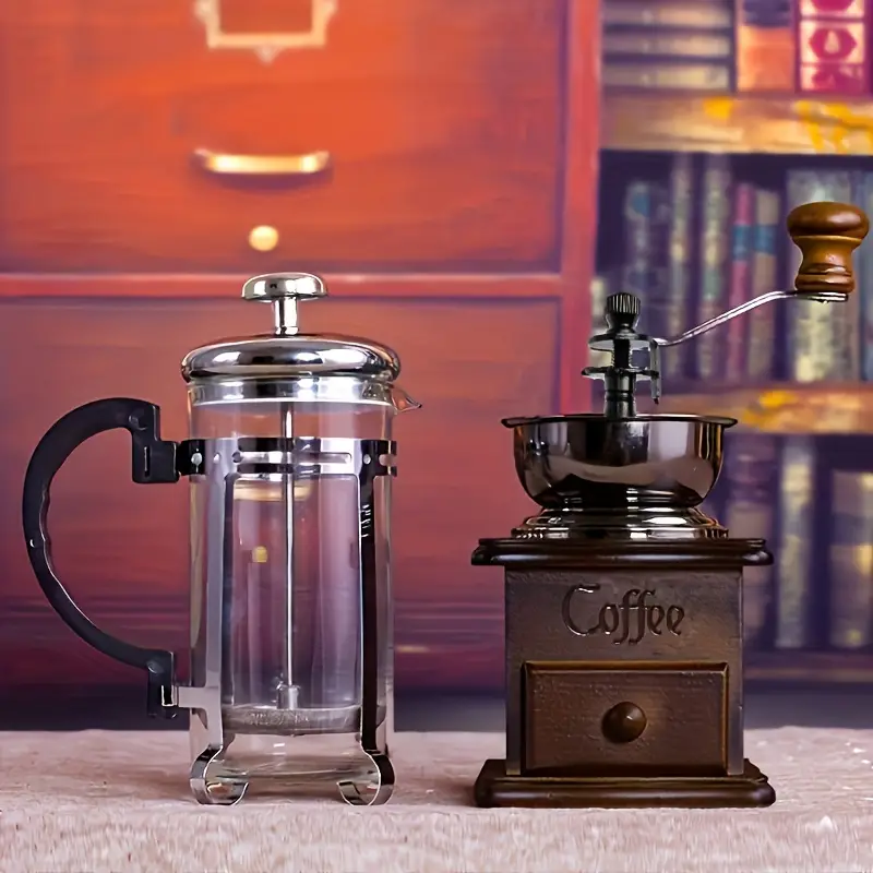1set wooden classic vintage mini manual bean grinder press pot set kitchen coffee utensils home handheld grinder gift box set of boutique products details 0