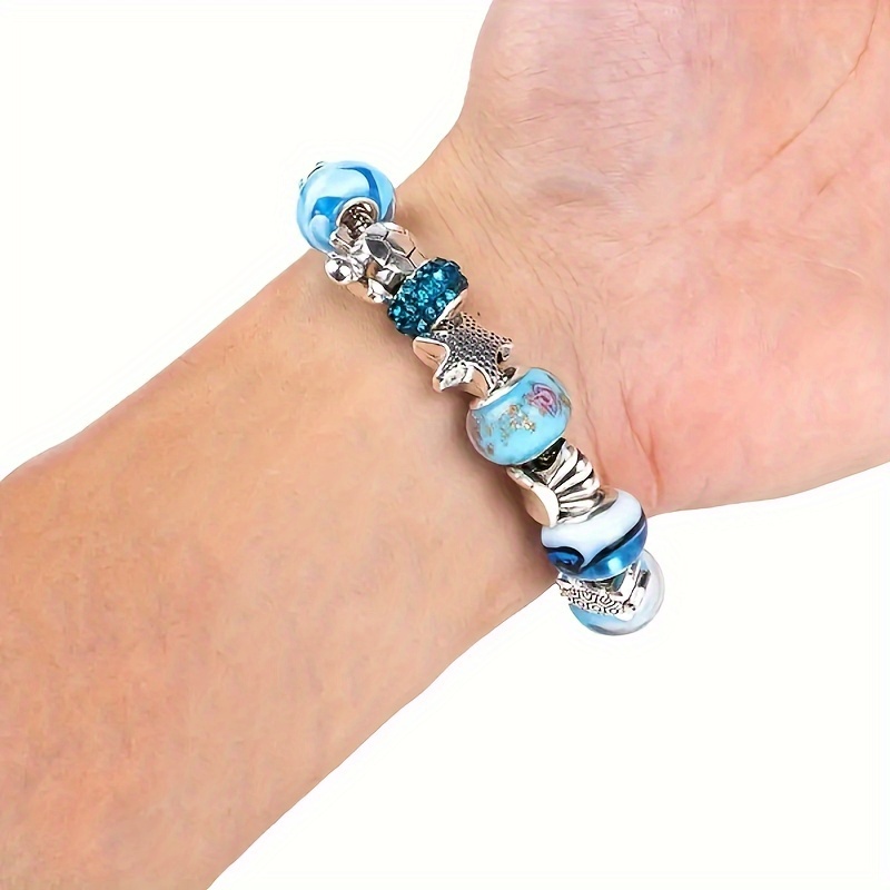 

beach Glamour" Ocean-inspired Adjustable Bracelet With Blue Glass Beads - Starfish & Turtle Charms, Perfect For Women 18+