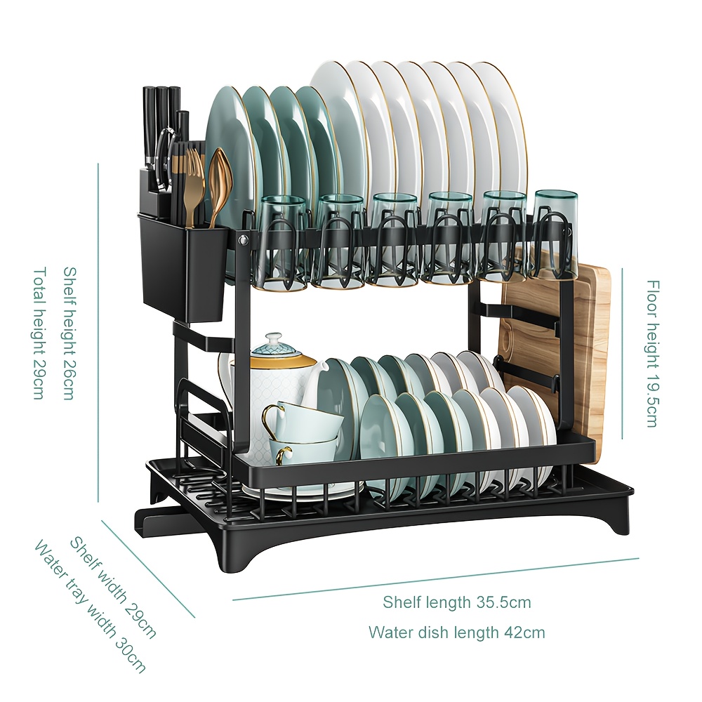 Double-layer Dish Drain Rack, Multifunctional Kitchen Dish Rack With Cutlery Cup Rack And Chopstick Rack, With Drain Board, Space , Black