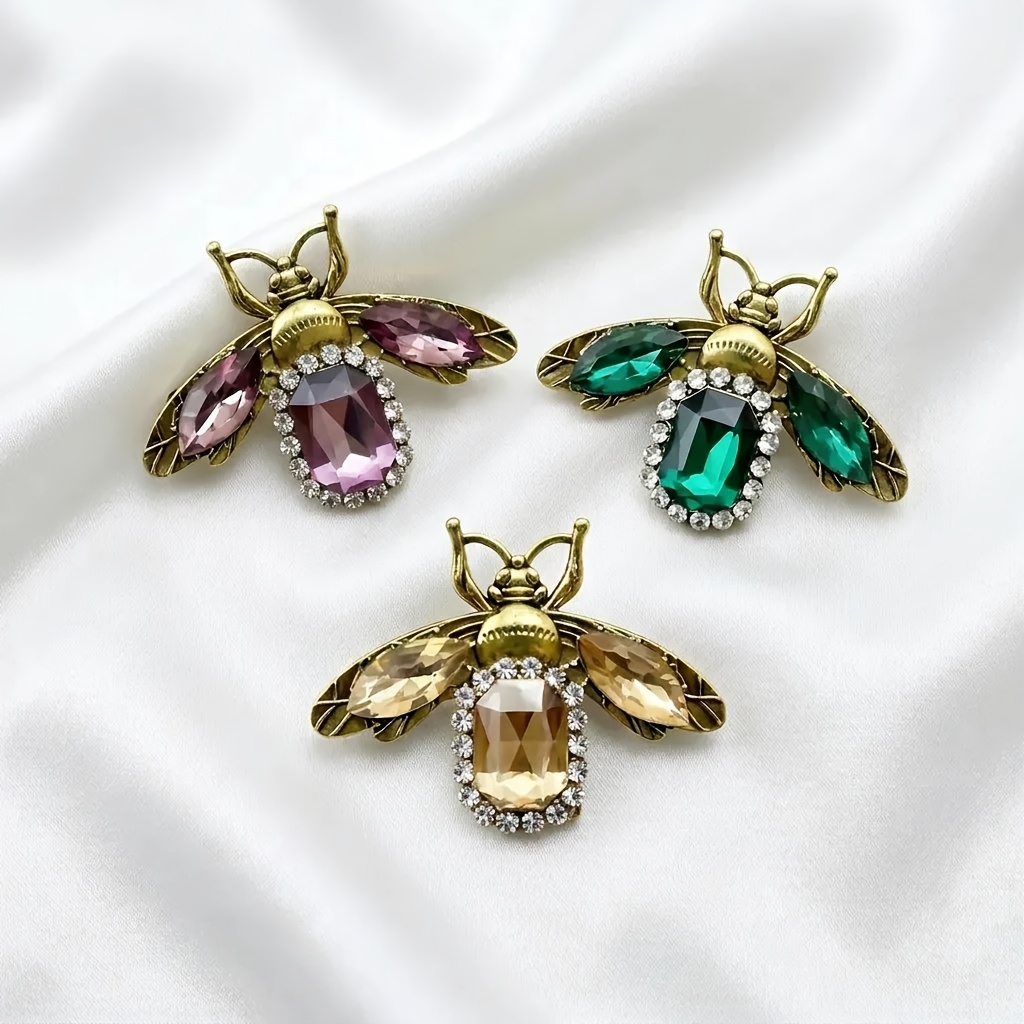 TEMU 3pcs Vintage Distressed Bee Brooch Set, With Rhinestones, Insect Pin, Elegant Style Accessory For Daily Commute, Formal Occasions, Weddings, And