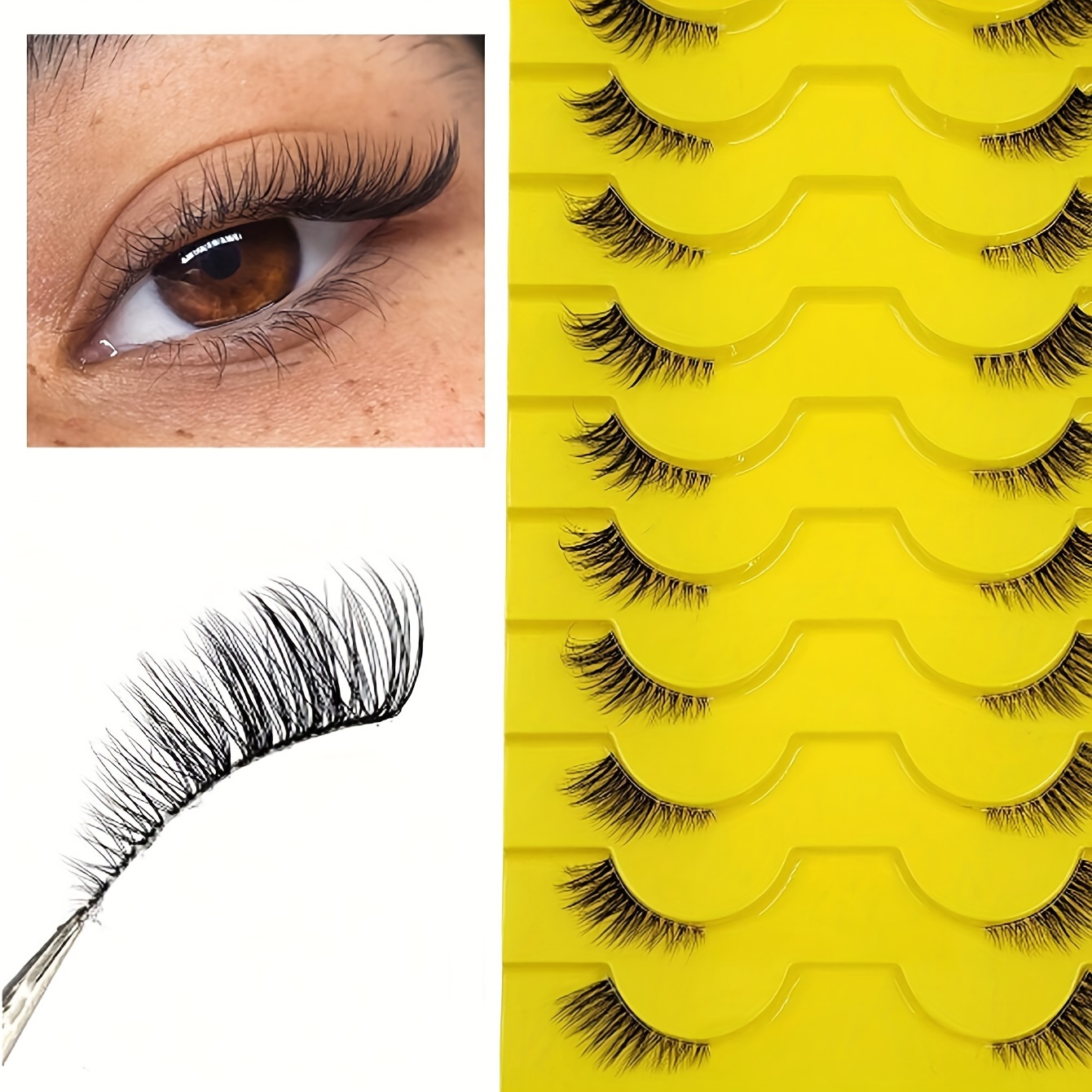 

10 Pairs Strip Lashes, Cat Eye Effect, Natural , 6-9-12mm, Natural On , Enlarge To The , Suitable For And Beginners