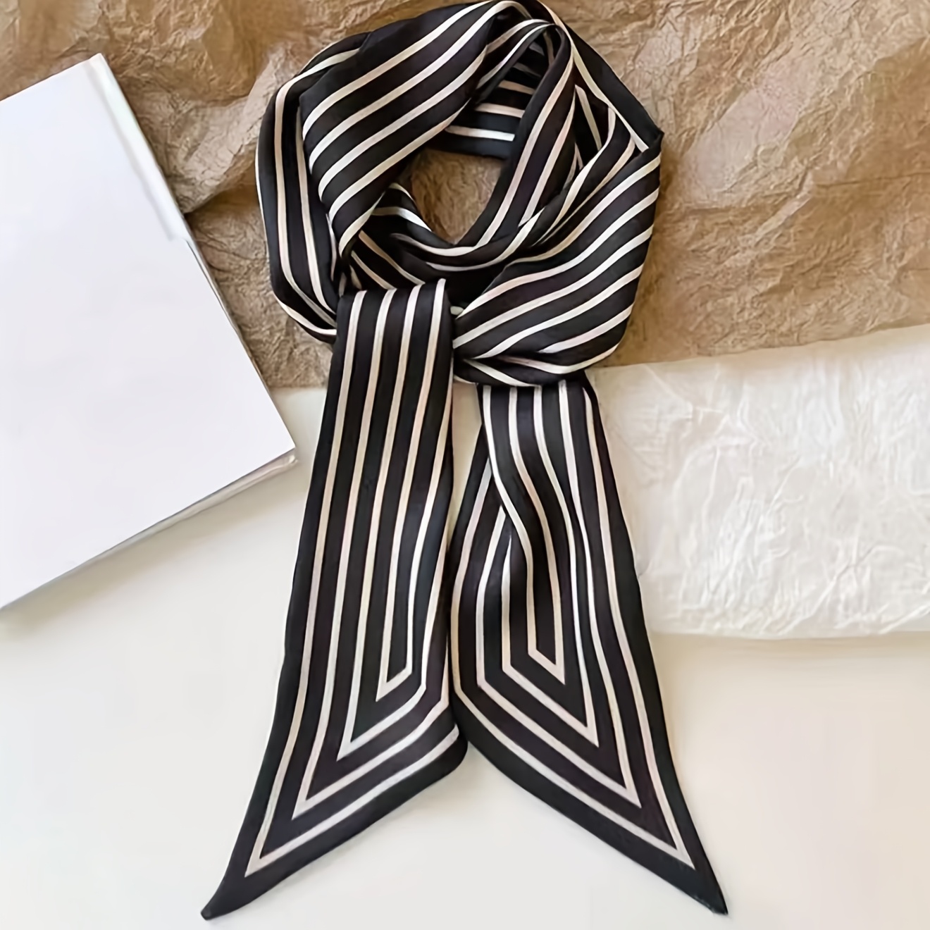 TEMU 1pc Striped Minimalist Style Women's Fashion Braided Ponytail Holder With Bow Decoration, Neck Tie, And Small Streamer Hair Accessory
