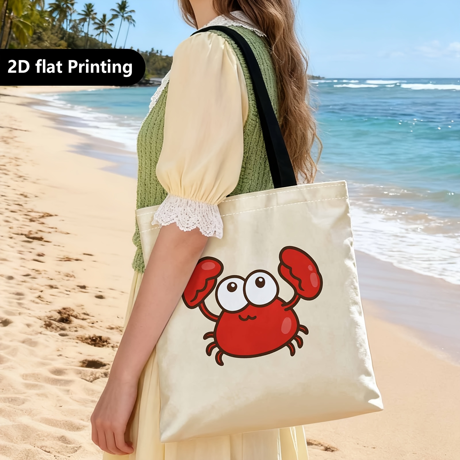 TEMU 1pc A Shopping Bag, A Portable Shoulder And Hand-held Bag Featuring A Cute Cartoon Crab, Ideal For Travel, Cosmetics, Holiday Storage, Home