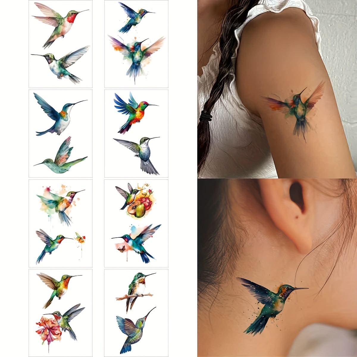 8 Temporary Tattoo Stickers Featuring 3d Watercolor Hummingbird Designs For , Waist, And Ankles