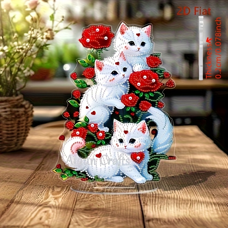 TEMU 2d Flat-1pc 2d Flat Acrylic Ornament Kit, Animal Theme Cute White Cat And Red Rose, Irregular Rhinestone And Sparkling Diamond Craft 2d Pattern,