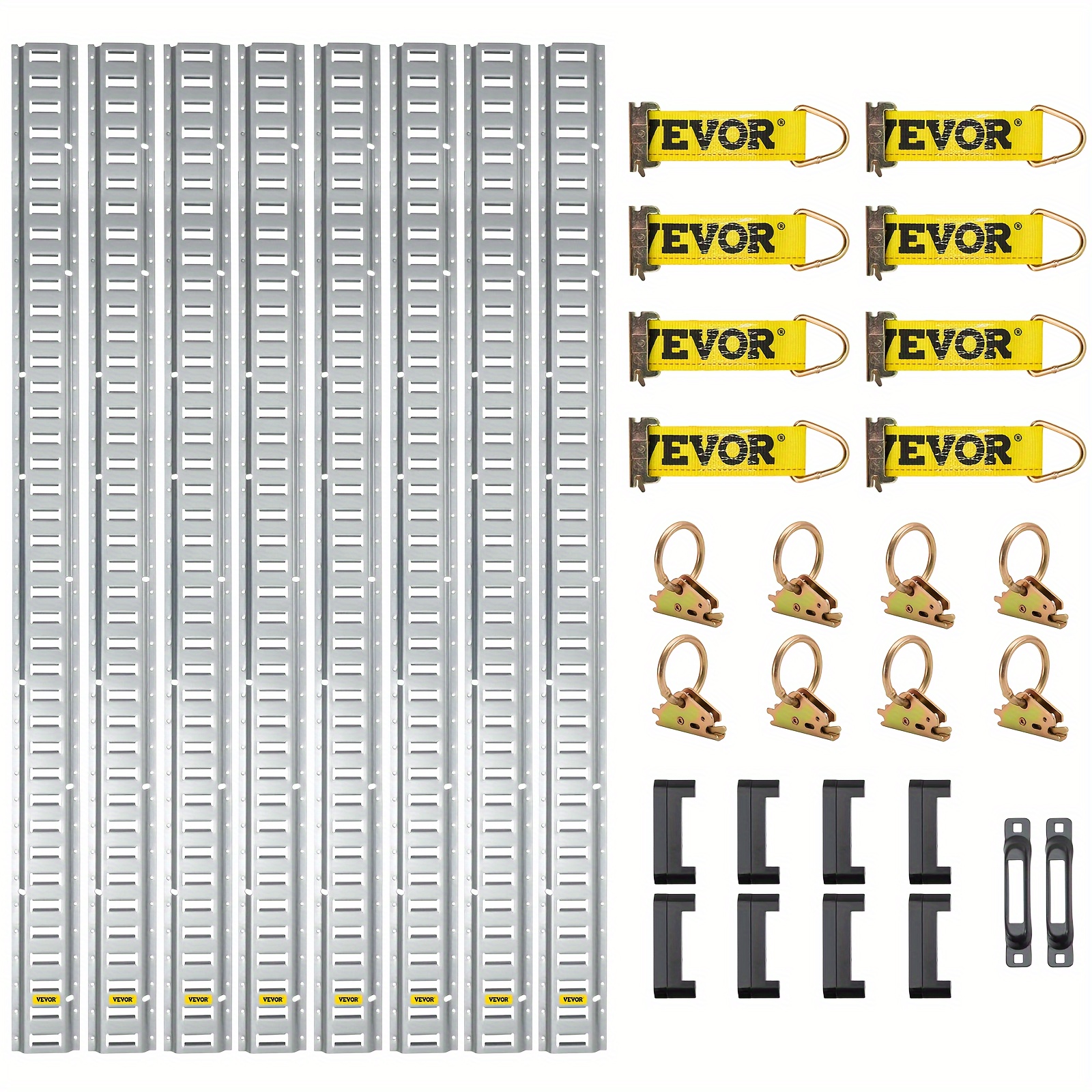 

Rail Bundling Rail Kit, 34pcs 5ft E Rail Kit Includes 8 Steel Rails And 2 Single Grooves, 8 O-rings, 8 Bundling Straps With D-rings, And 8 End Caps, Used To Secure Goods, Motorcycles, And Bicycles.