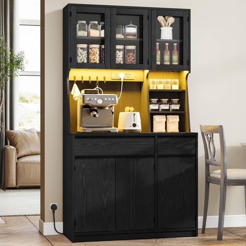 Kitchen Cabinet, Freestanding Pantry Cupboard With LED & Power Outlet, Tall Kitchen Cupboard With Countertop And 2 Drawers, Adjustable Shelves, For Dining Room, Living Room, Black