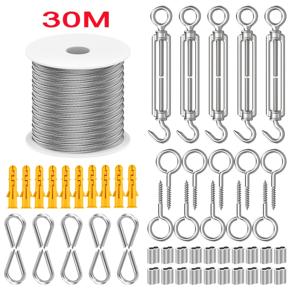 TEMU Garden Wire For Hanging Clothes Climbing Plants Heavy Duty Kit, 30m Steel Wire Rope With Wires Tensioner Turnbuckles, Catenary Wire Kit With M5