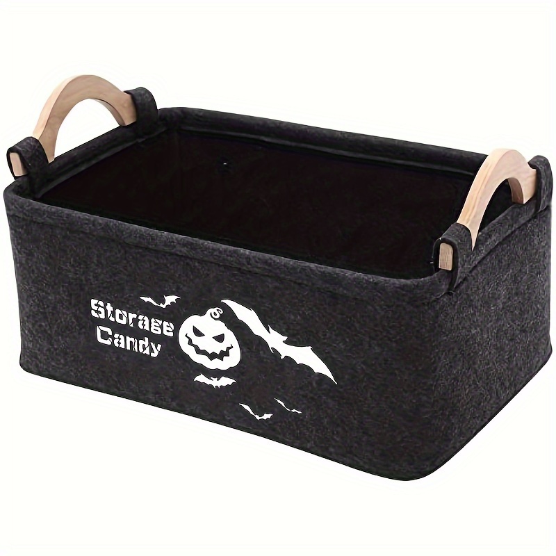 

Rustic Halloween Snack Storage Basket With Wooden Handles - Canvas Organizer For Countertops, Kitchens & More - Candy, & Beverages