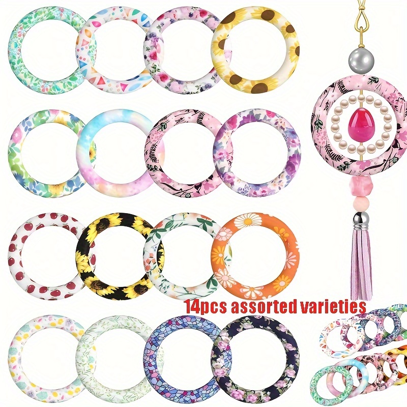 

14pcs Mixed 65mm Flower Printed Silicone Rings Round Silicone O Ring With 2 Holes Suitable For Jewelry Making Diy Handicraft Necklace Keychain