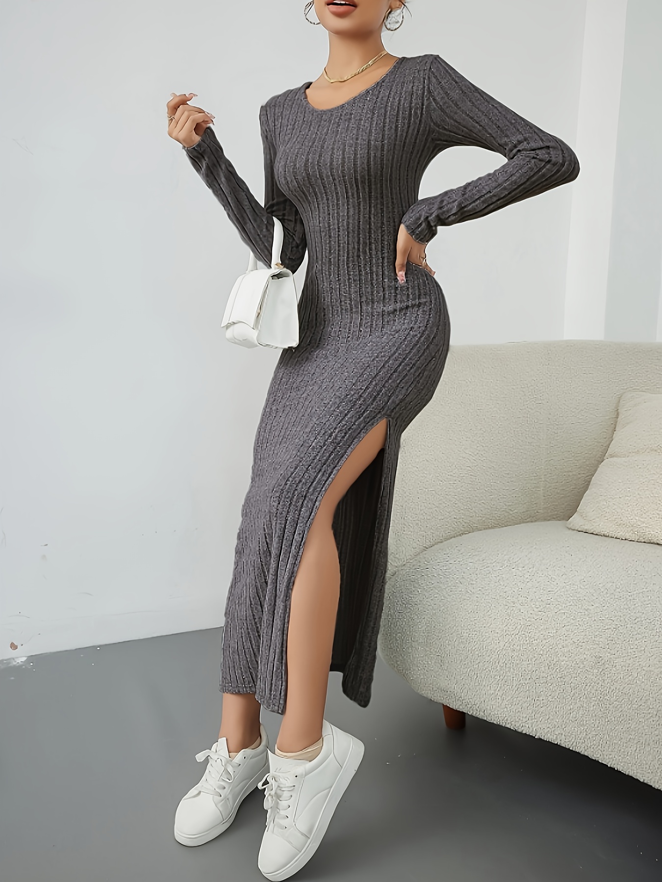 sachin and babi light blue dress Womens Front Tie Midi Knit Long Sleeve Dress Winter Fashion 2022 Casual Wear main image 1