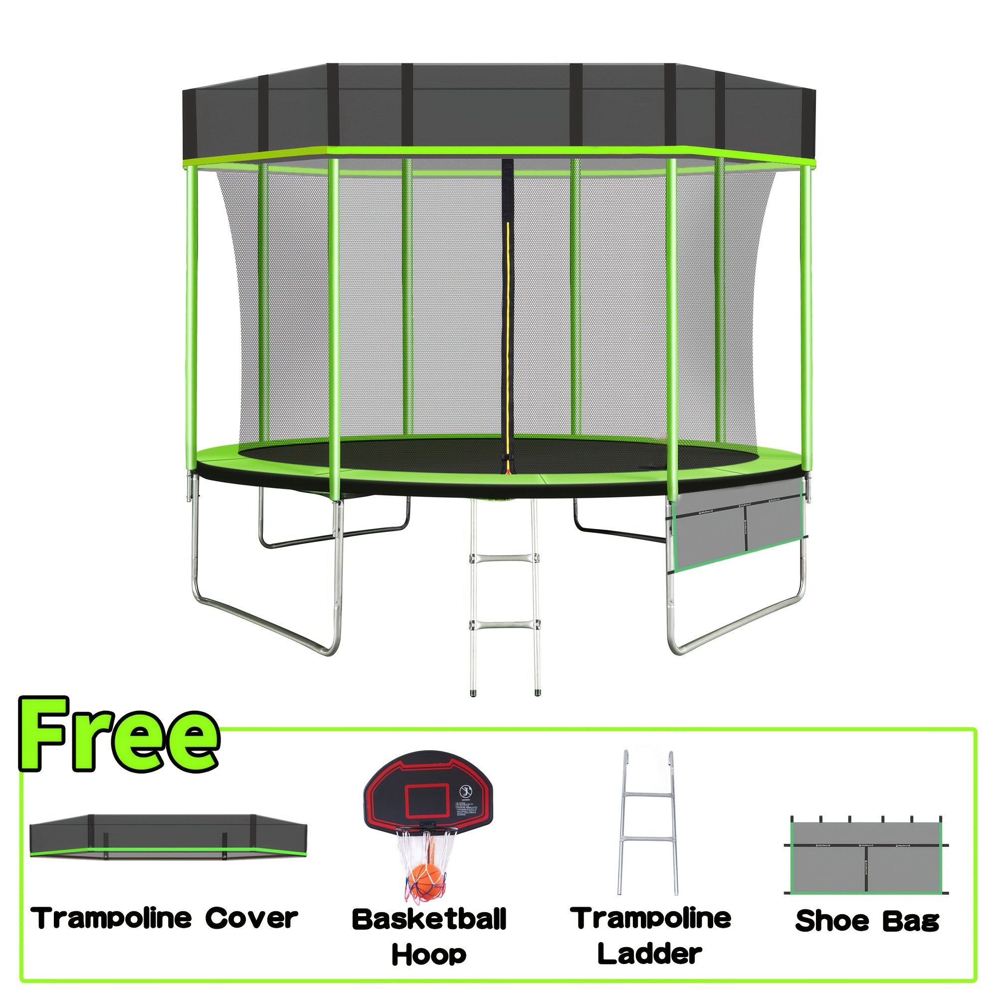 

10 Ft Trampoline With Trampiline Cover, Basketball Hoop, Ladder, And Shoe Bag - Green