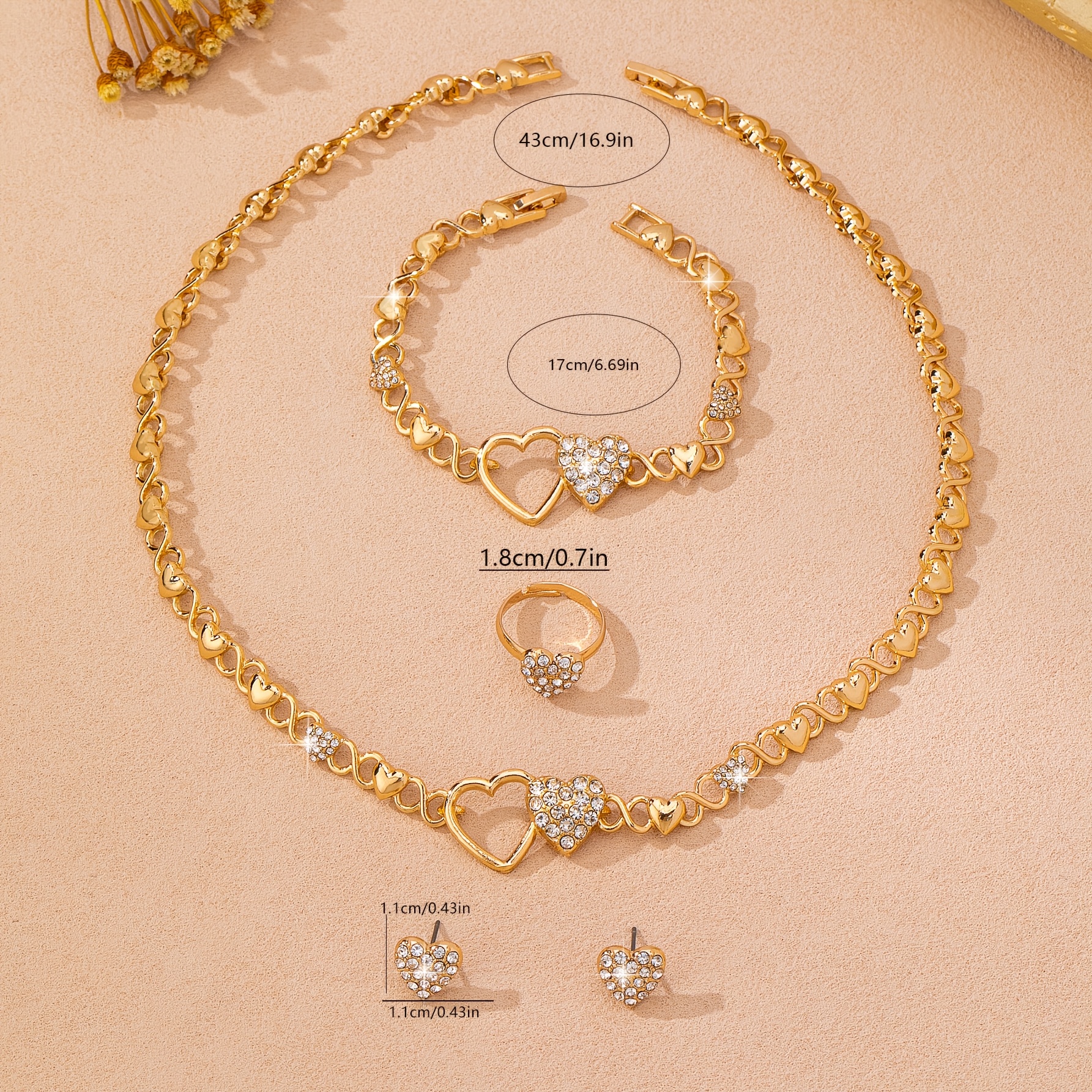 Light Luxury Double Heart Jewelry 4pcs Set, Necklace & Earrings