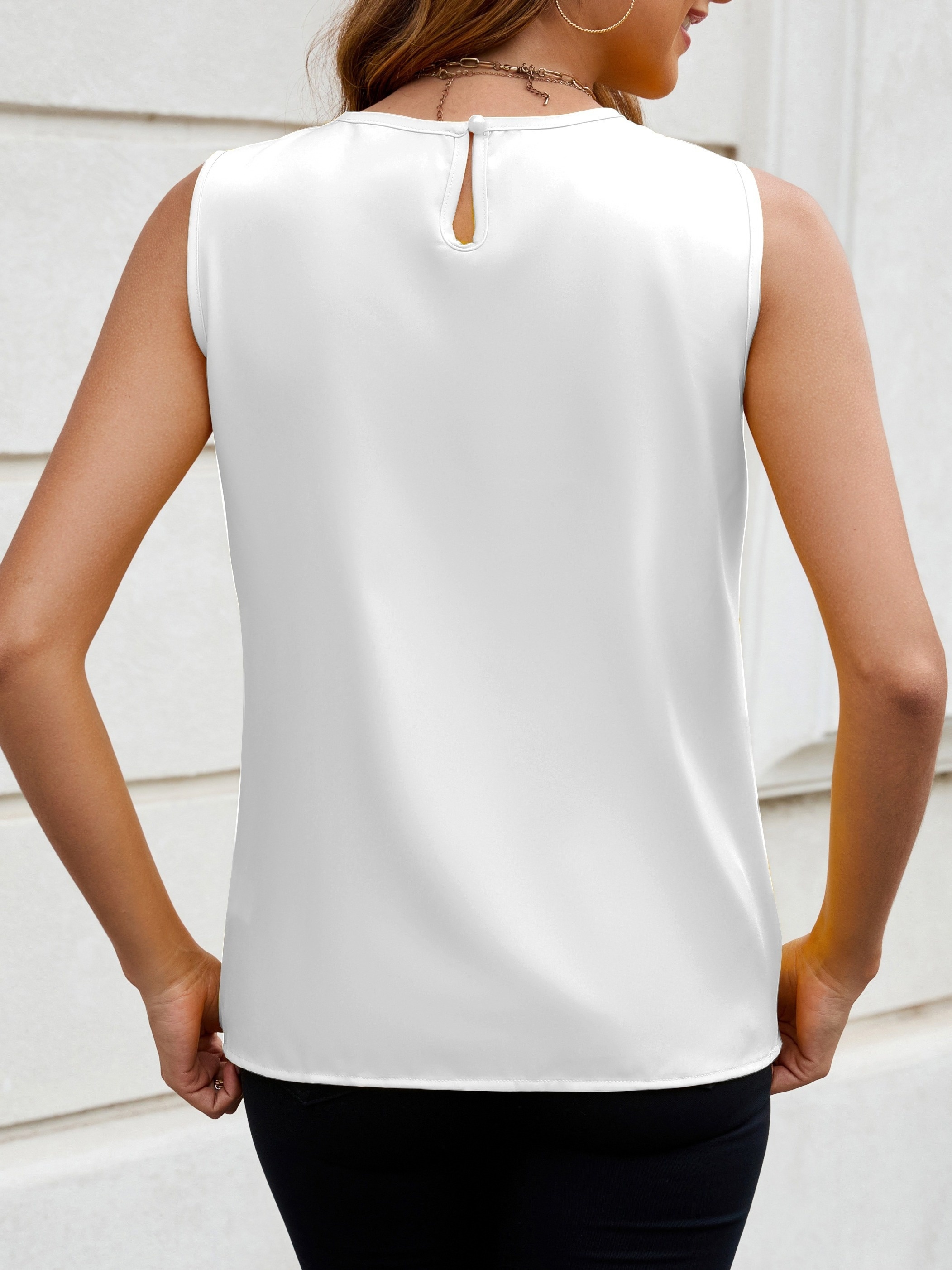 Women's Elegant Solid Color Sleeveless Blouse - Round Neck Button Front, Machine Washable Non-Stretch Fabric, All-Season Versatile Top for Casual & Formal Wear, Buttoned Front Top, Sophisticated Design