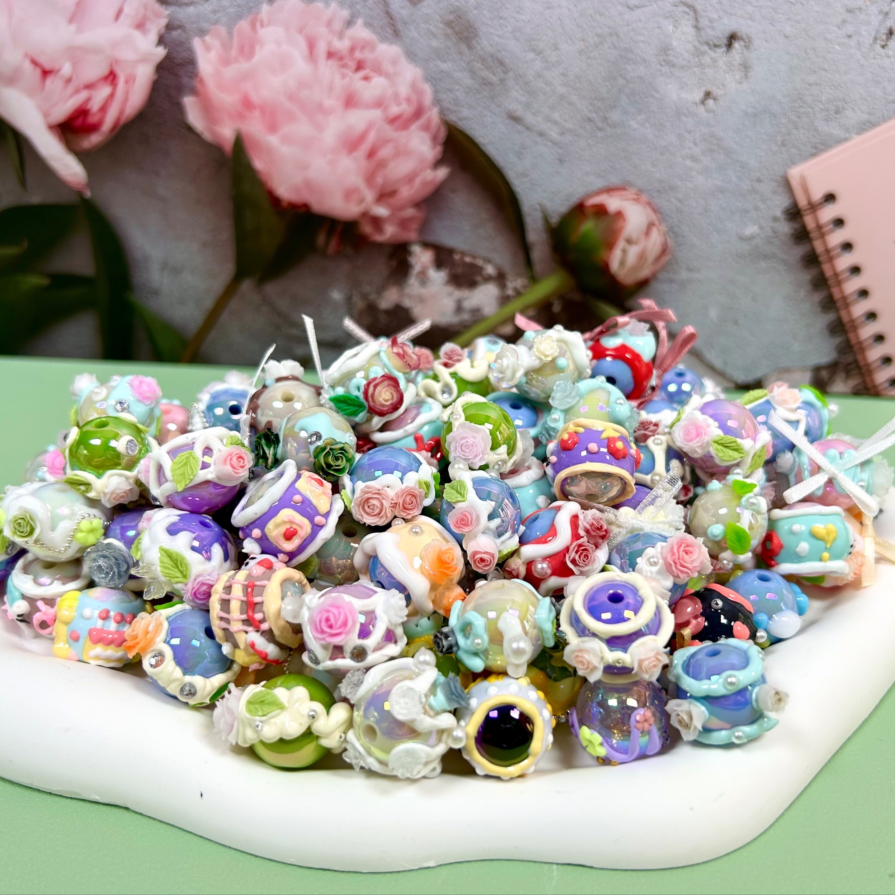 

Hand-painted Floral Acrylic Beads For Diy Keychains And Jewelry Crafting