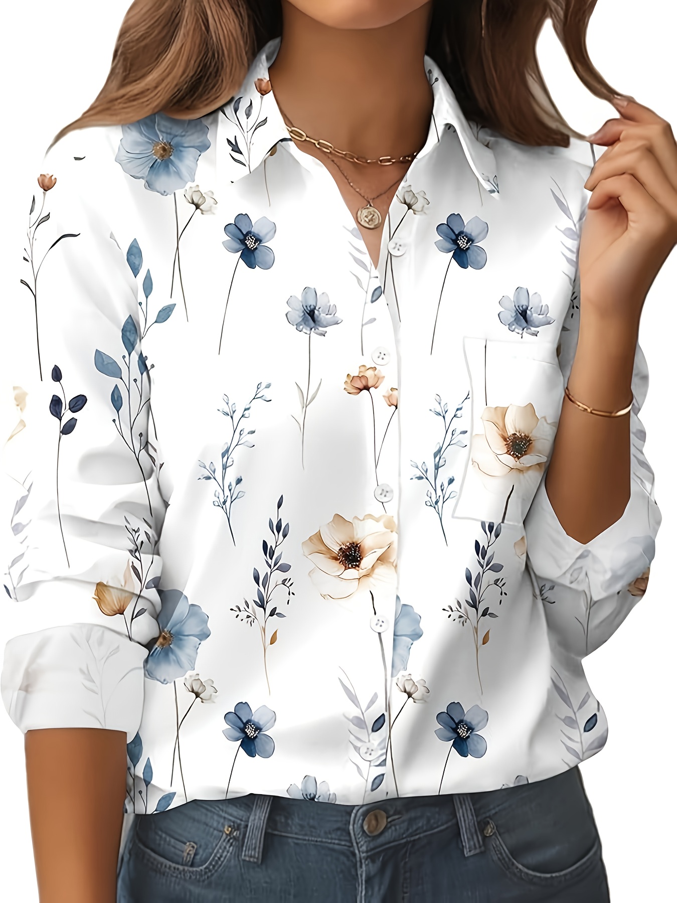 2501 Nuevos Llegados de Ropa de Mujer para el Comercio Exterior Europeo y Americano, Camisa de Manga Larga con Cuello Alto y Estampado Digital Madura para Mujer