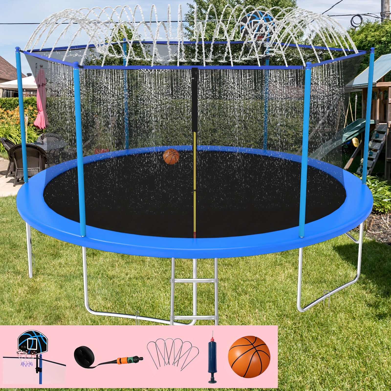 14ft/12ft/10ft Outdoor Kids Trampoline with Water Spray Device, Equipped with Safety Net and Heavy-Duty Rust-Resistant Frame, Suitable for Children and Adults, Includes Basketball Stand and Ladder Blue